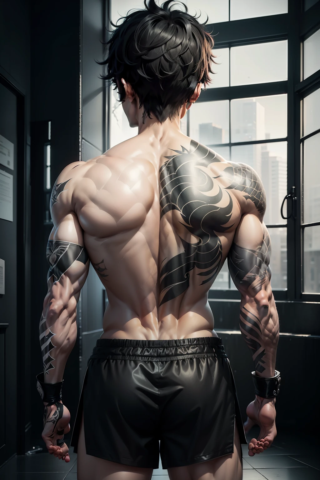 Black and white photography of a martial artist, anime guy, dunjeon room, dragon tattoo on the back of the guy, back view