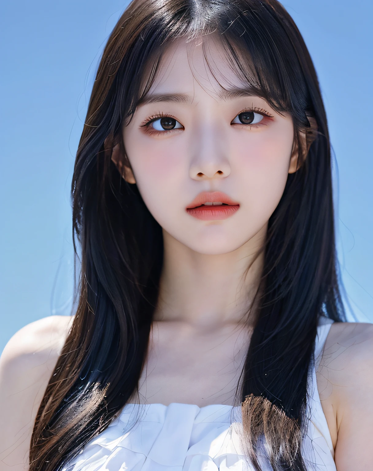 (detailed and realistic portrait of a girl with a clean face), (round eyes and long flutters hair shot outside),staring at camera,magical photography, dramatic lighting, photo realism, ultra-detailed,
intimate portrait composition, (centered image composition),(close up shot:1.6),best quality,f/1. 8, 85mm,
(28years asian woman), black_hair,(black_eyes:1.2),(bangs),makeup,white_dress,
(hazy blue_sky_background)