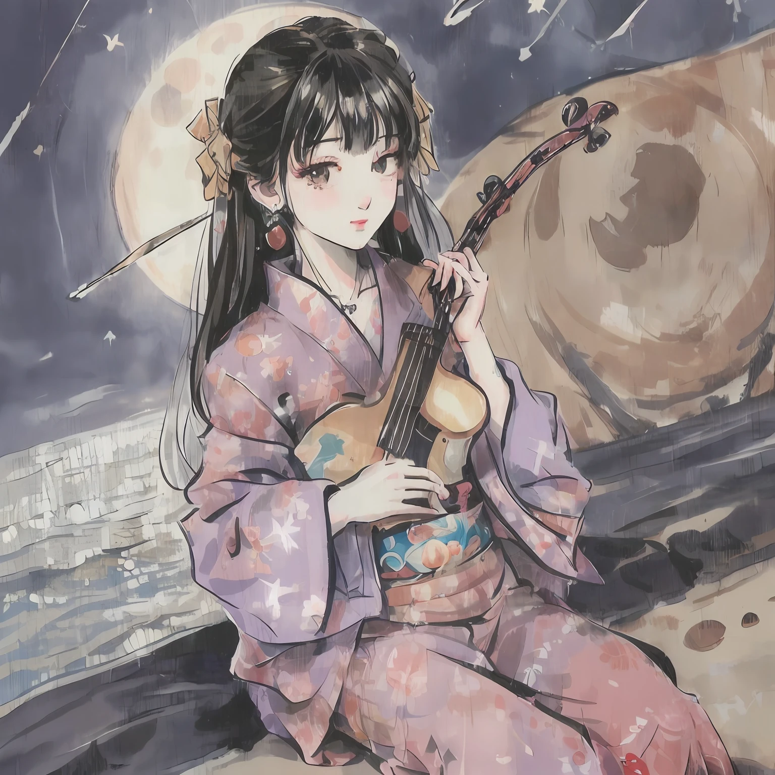 (Drawing on Japanese paper)、Japan shamisen、violin、Music played on the shakuhachi 、night sandy beach、fullmoon、shooting stars、Full moon reflected in the sea