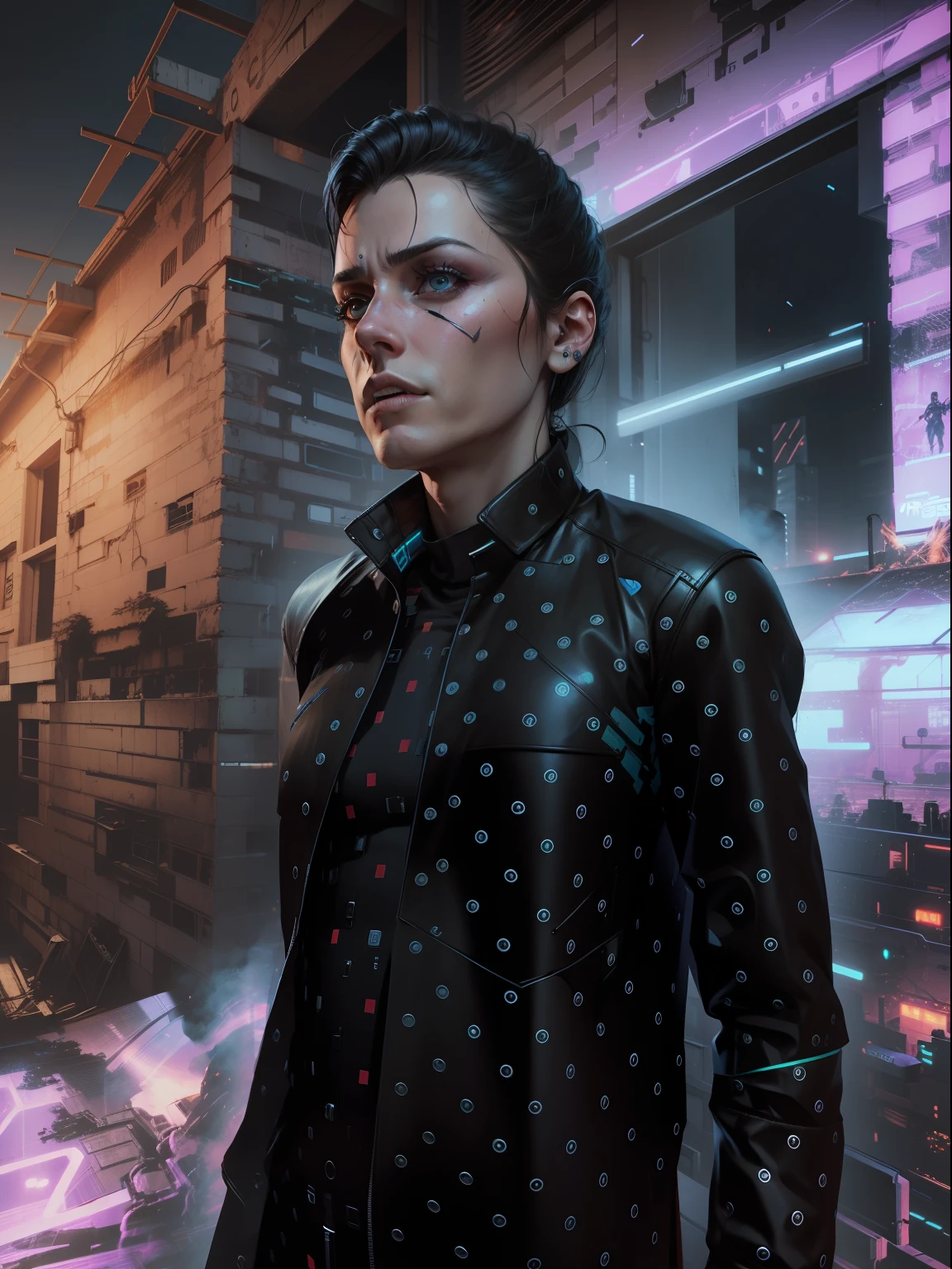 Change background cyberpunk realistic face. Ultra realistic face