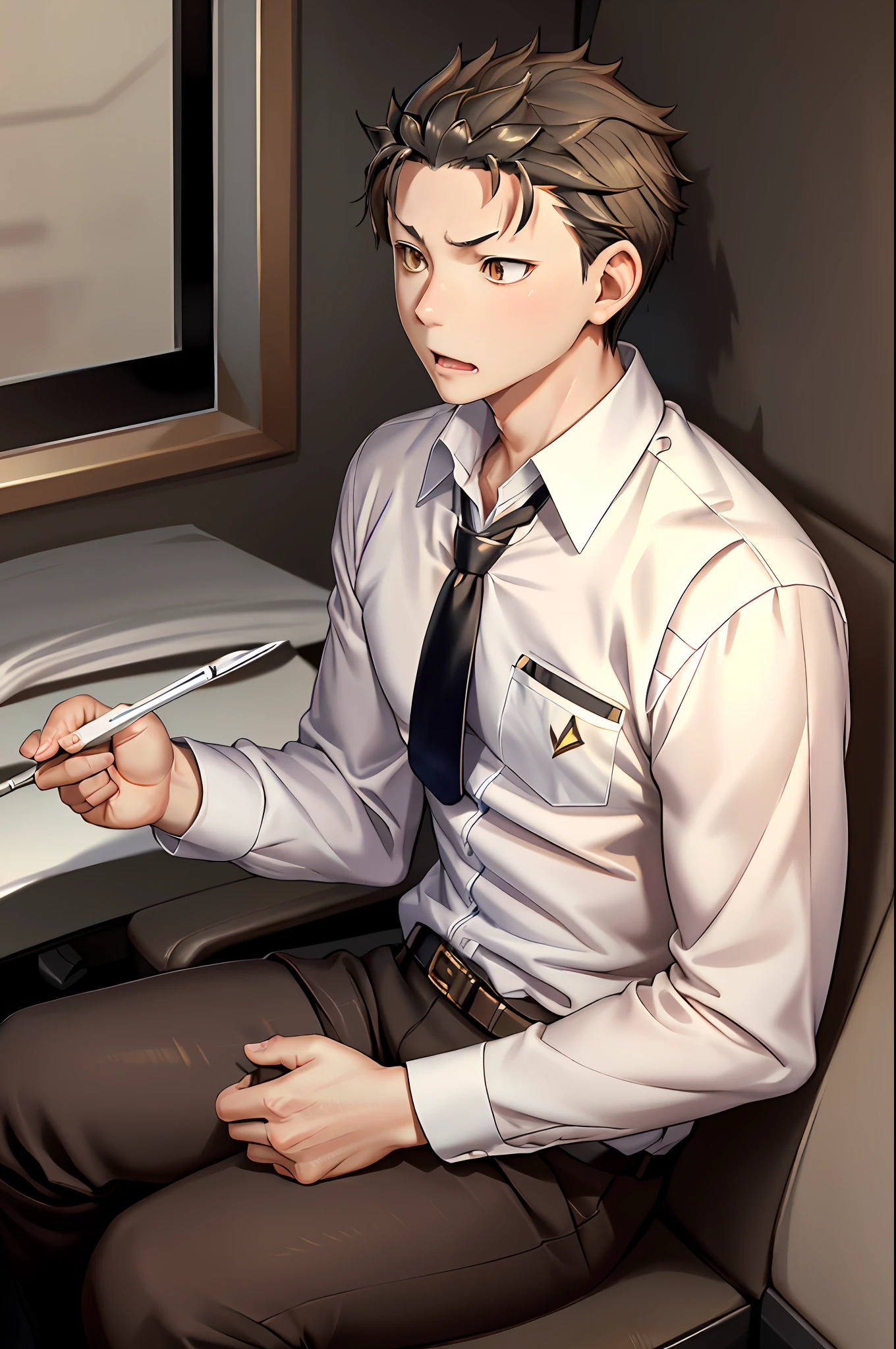 （1 Adult male），A high resolution， Sharp focus， Pixiv masterpiece， （（Complicated details））， highly  detailed， natsuki_subaru， 1 man， with her mouth open，drools，full bodyesbian， Golden eyes（eyes glowing）， with short golden hair，white  shirt，Wear a tie，Wear a belt，perspire，look from down