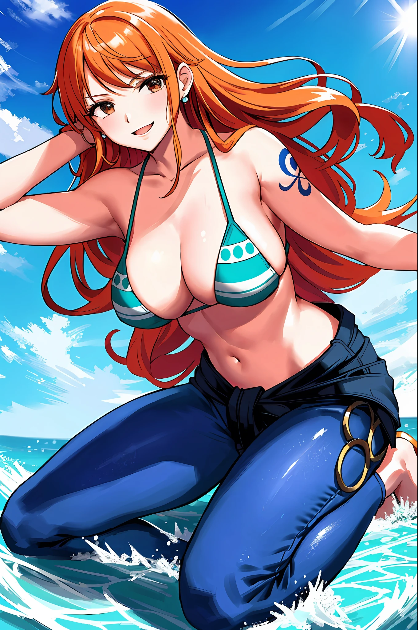 detailed background, masterpiece, 4k, epic, best quality, cheerful, late youth, adult, milf, athlete body, 1girl, active, energic, ((wide open mouth, folded legs, smile, lying on the ground, fully lying down, open eyes, hands spread sideway, jumping, ((medium breasts, blue bikini top, long leather pants, shirt tied around waist, pants)))) , solo, nami \(one piece\), 1girl, (very missy hair, tired, open mouth, feeling hot, tilting head, both hands spreadeagled, serious, hurt, glaring, open eyes, looking up, perfect detailed face, detailed round face) bold drawing lines, muscular arms, detailed bold body lines, flat jaw, adult woman, (wavy wide streaked bangs, floating bang, long left bangs ) (big cheeks), bare shoulders, off-shoulders, belt, bikini, bikini top only, blue sky, bracelet, springy breasts, breast lines, big round eyes, very big brown shiny eyes, bubbles, high eye position, cleavage, cloud, day, denim, earrings, floating hair, wavy hair, shiny hair, blue bikini top, bold groin lines, long hair, looking at viewer, long navel, wet hair, orange hair, , shoulder tattoo, sky, solo, stomach, tattoo, detailed left arm, big forehead, hourglass figure, small head, toned body, wide hair, wind effect, sun effect, under the sun, narrow small ears angle, older, straight shot, water splashes