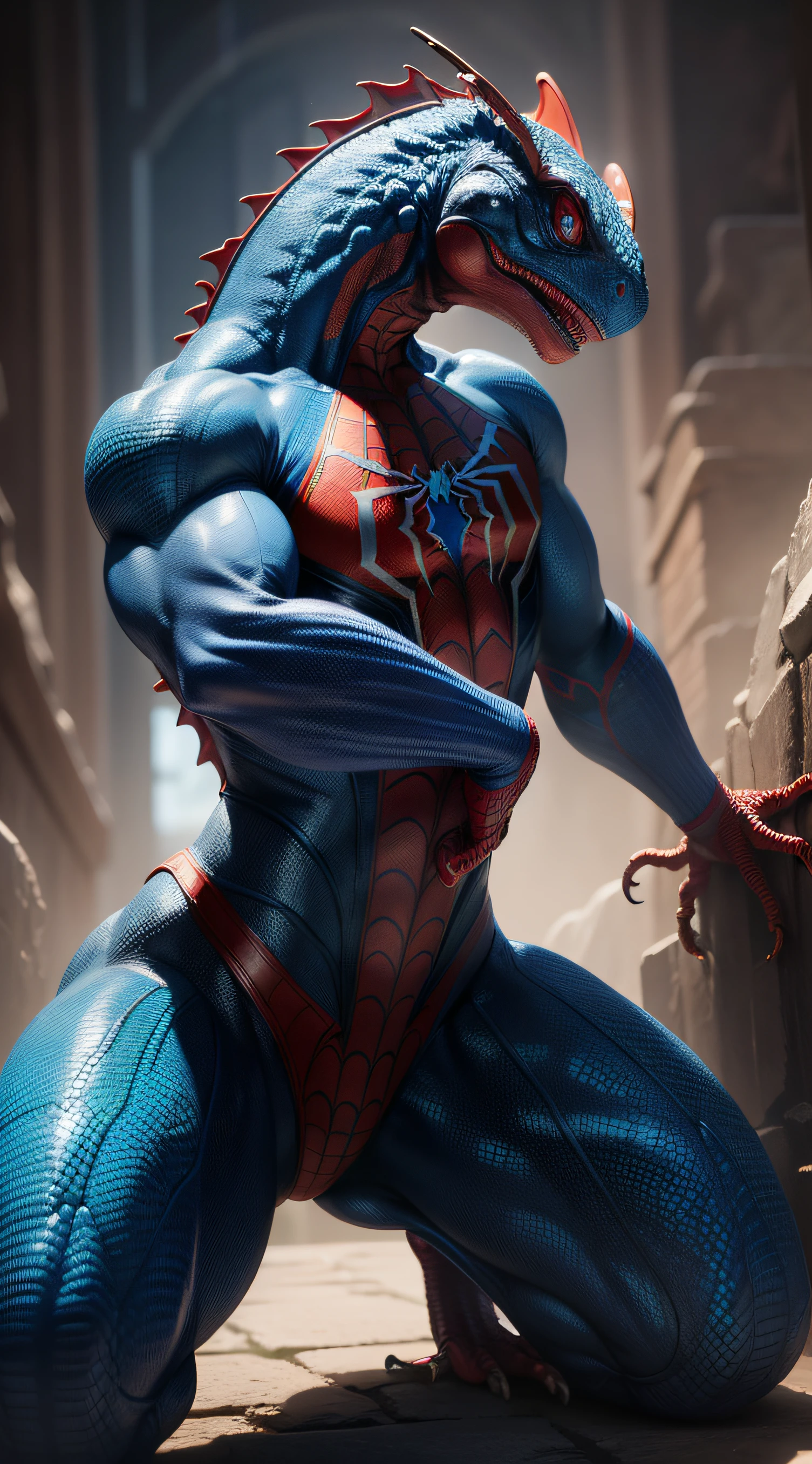 "whole body lizard with blue and red scales, wearing a spiderman outfit, in ultra high-resolution 8k detail, with accurate and realistic portrayal, showcasing the best quality, without a mask, emphasizing the intricate details of the lizard's face."