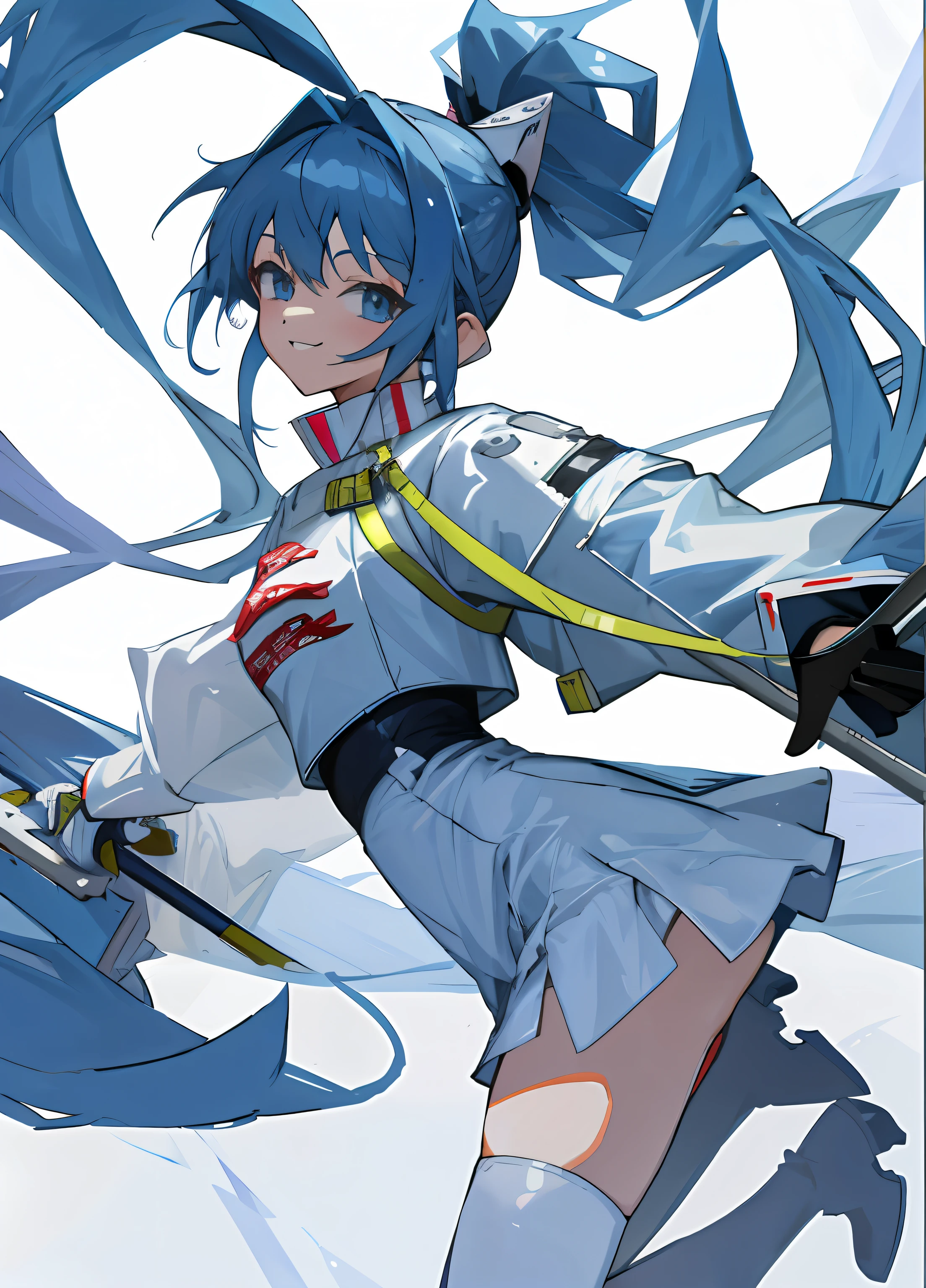 tmasterpiece，Ultra-detailed picture quality，The girl smiled，wearing white clothes，longer sleeves，white  skirt，Wear two-color gloves，Wearing thigh boots on his legs，Blue high ponytail。