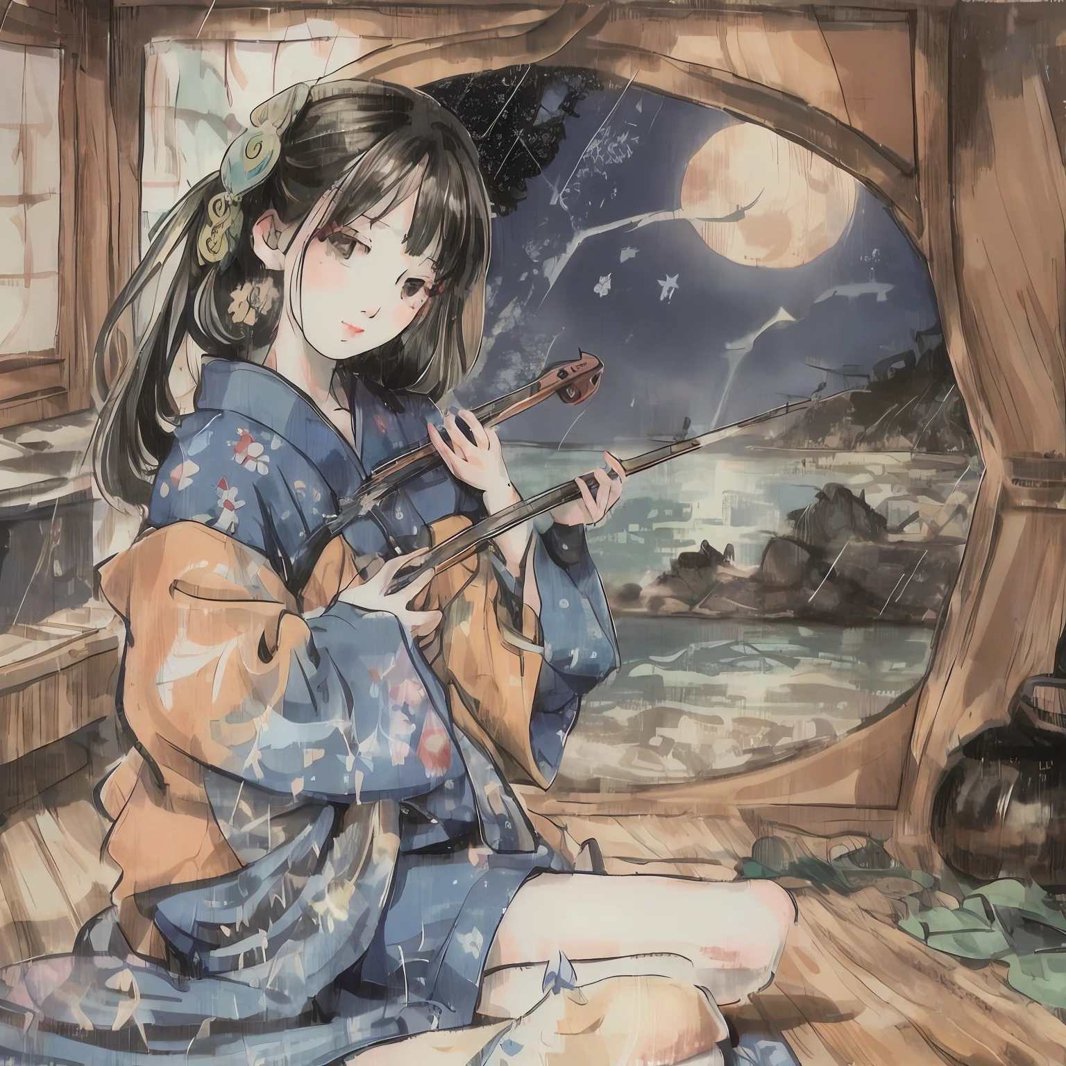 (Drawing on Japanese paper)、Japan shamisen、violin、Music played on the shakuhachi 、night sandy beach、fullmoon、shooting stars、Full moon reflected in the sea