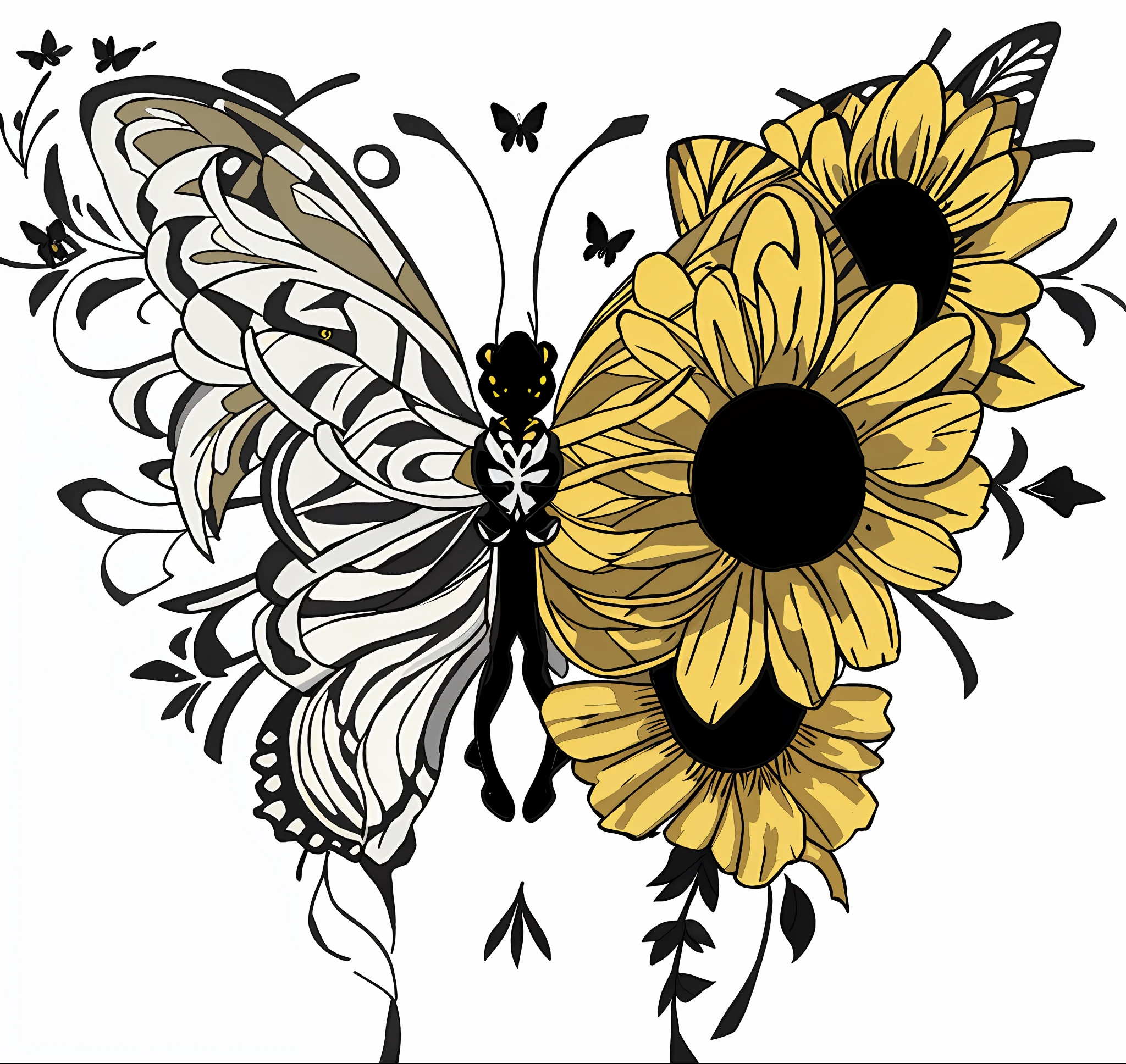 Butterflies and sunflowers are shown in the picture, Symmetrical intricate details, black and yellow colors, drawn with photoshop, black and white color only, Black and white coloring, flowers and butterflies, harmony of butterfly, surreal black and yellow, Yellow butterfly, Butterfly, half woman, Half butterfly, with black background, with a black dark background, added detail