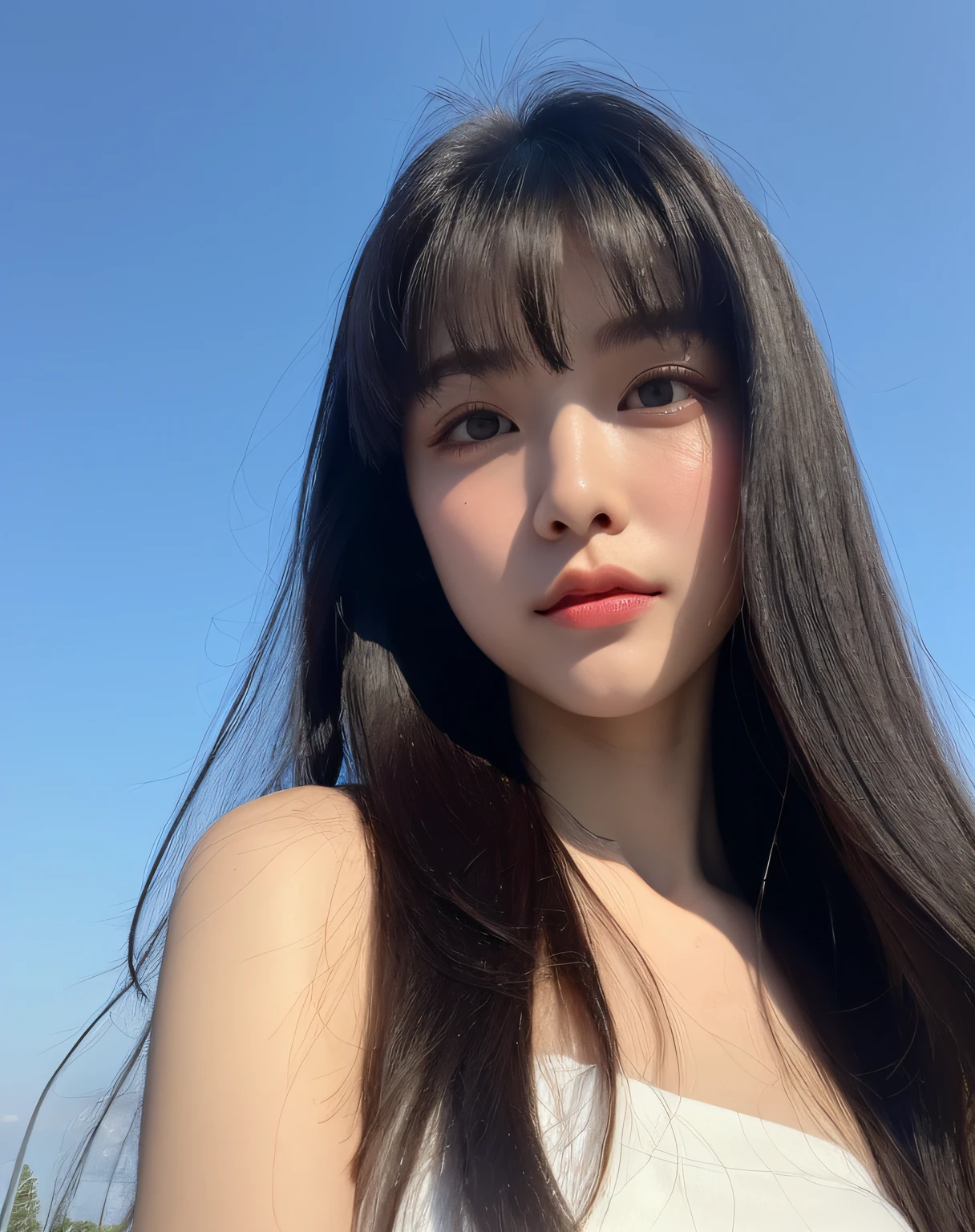 (detailed and realistic portrait of a girl with a clean face), (round eyes and long flutters hair shot outside),staring at camera,magical photography, dramatic lighting, photo realism, ultra-detailed,
 intimate portrait composition, (centered image composition),(close up shot:1.6),best quality,f/1. 8, 85mm,
(28years asian woman), black_hair,(black_eyes:1.2),(bangs),makeup,white_dress,
(hazy blue_sky_background)