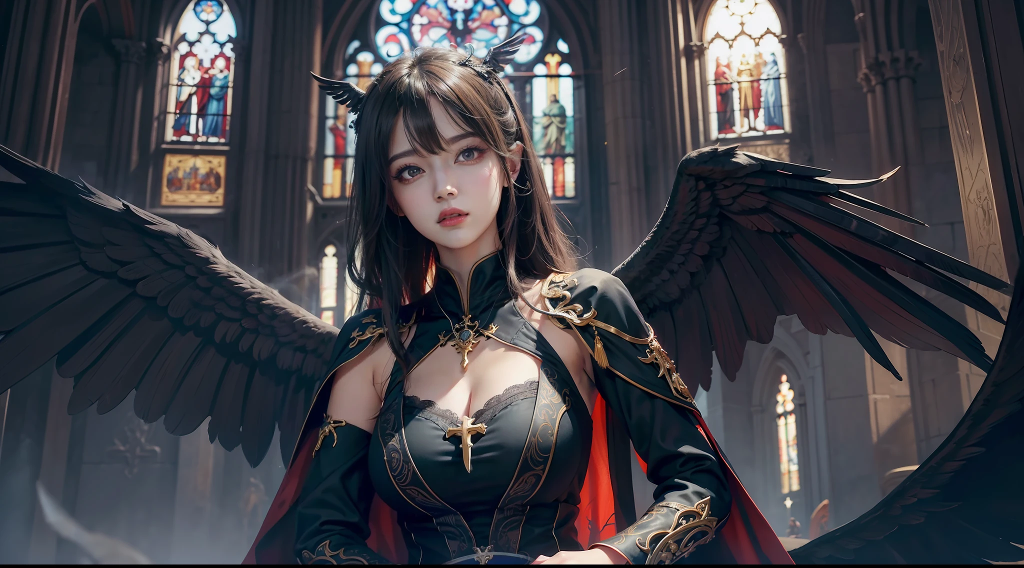 （Award-winning digital artwork：1.3） af （sketching：1.3），（with dynamism：1.3），（Saturation：1.3），（Close portrait：1.3），（femele：1.4），（big breasts beautiful： 1.4),(carismatic:1.3),angelicales，Perfect Detailed Eyes，Bright magic，Church background，Large breasts，complex patterns，Film filter, ，dramatics，dynamicposes，illusory engine， (High detail: 1.9)，mystic symbols，black toga，massive wings，Black wings，red color eyes，arrogant look