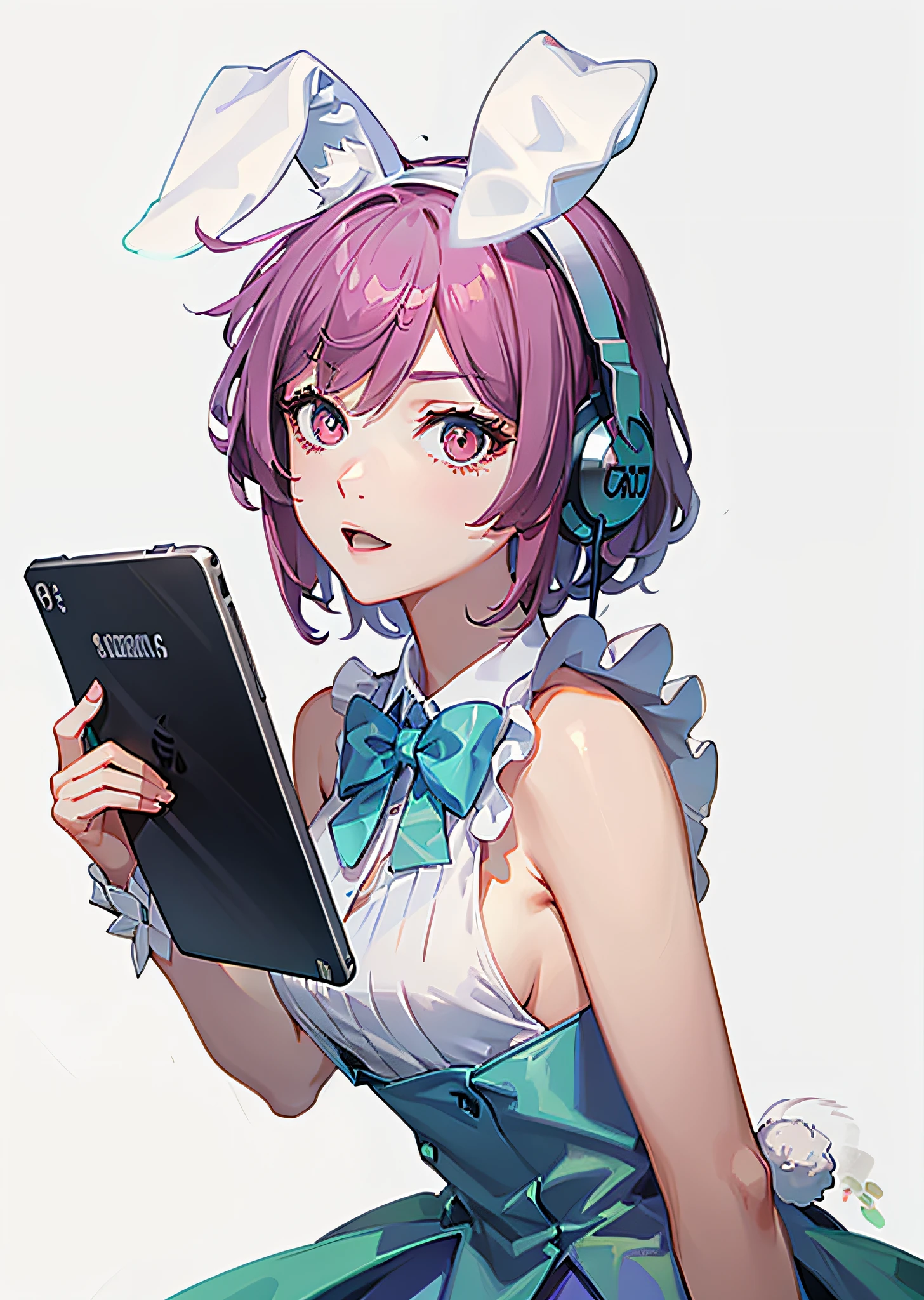 Girl with gaming headset,Holding a high-end tablet ,Delicate skirt,Very good figure,Rabbit ears,furry tail,