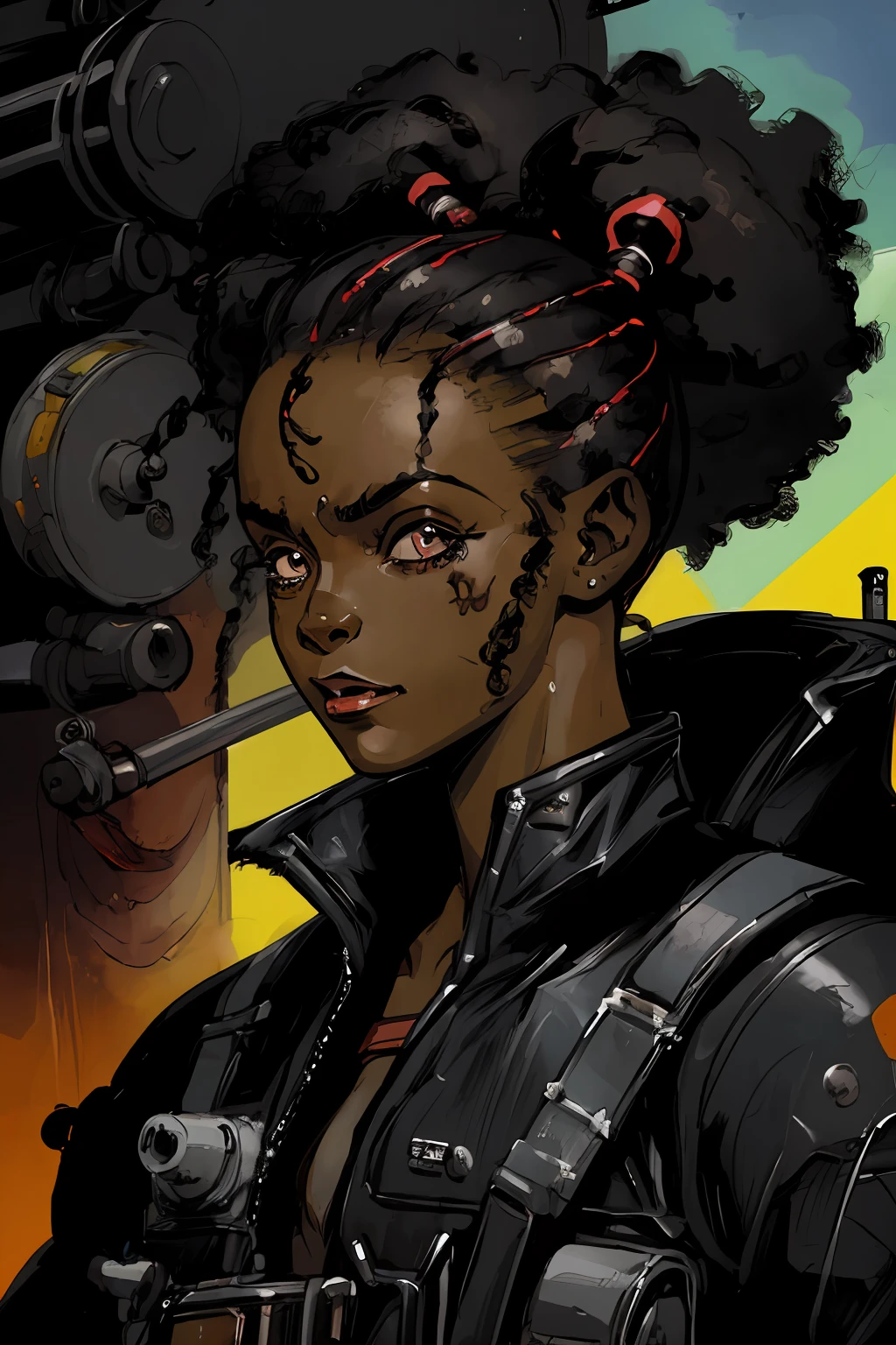 portrait of 1 black small little girl, trigger happy, afro pig tails,   full apocalyptic gear, intense action background, rocket launcher, happy expression, 
futuristic,  detailed,  (  methurlant)
dark, dim light, gritty, comic, y2k animation, hq, intricate detail, high quality, smooth, 
(masterpiece, best quality:1.3),