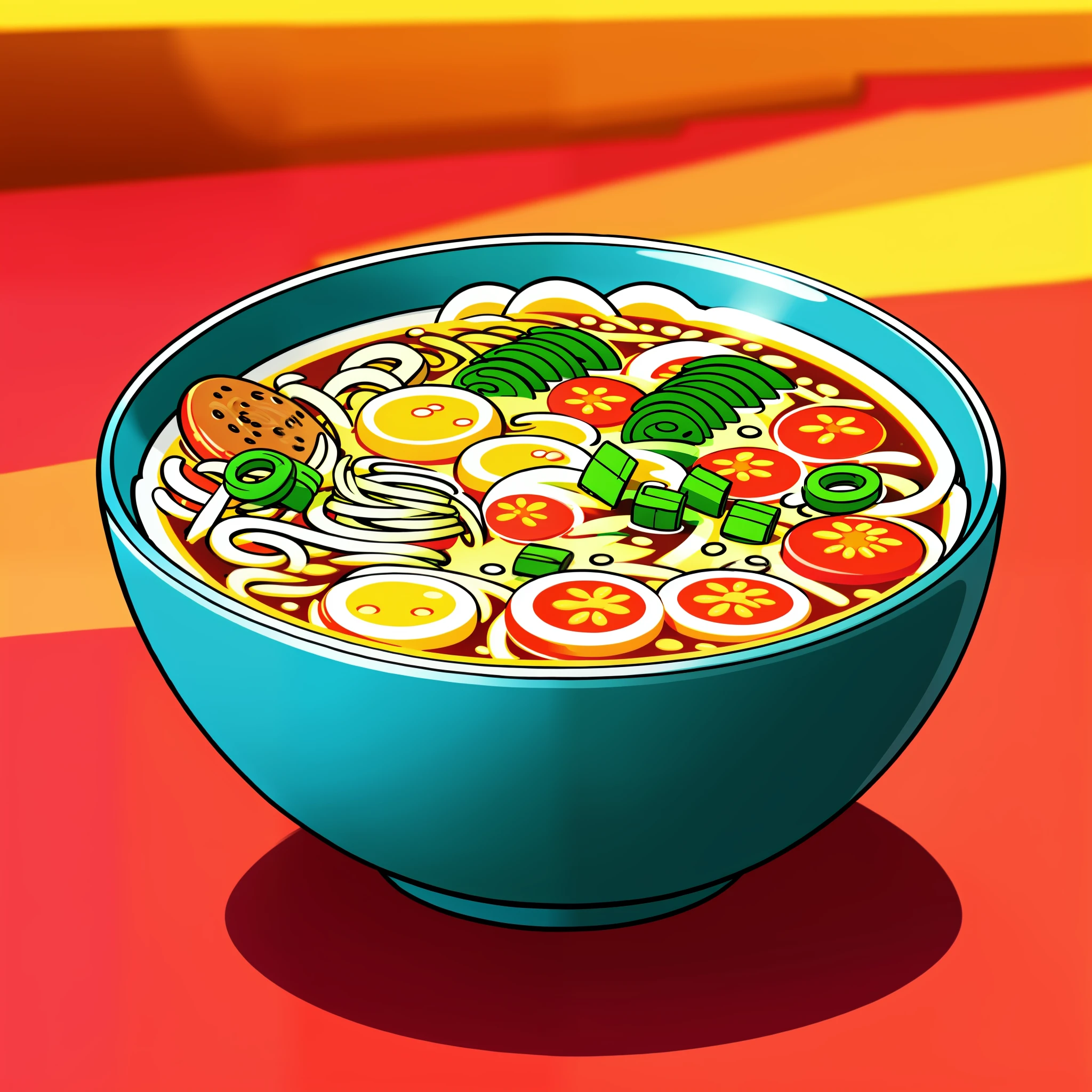 up close shot of a delicious bowl of ramen on a kitchen table, detailed illustration, cartoon, in the style of gravityfalls,