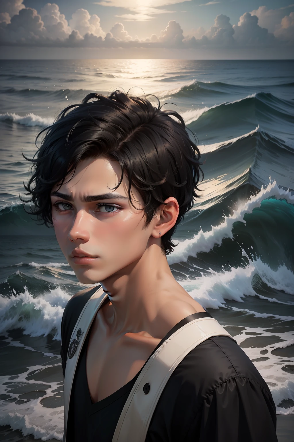 Black short hair background with sea expression sad young male reality