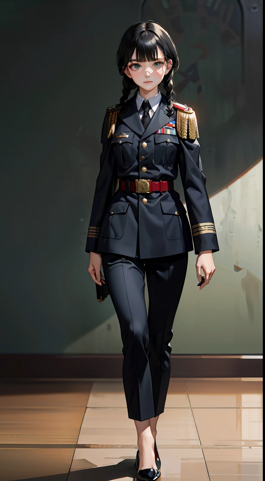 Modest outfit, remote shot, detailed beautiful delicate face, detailed beautiful delicate eyes, perfect facial proportions, high-definition skin, fine skin, four-inch best ratio. With one thumb, a masterpiece, highly detailed, realistic, (World War II German general uniform reference : 1.8), the highest face resolution, adult, modestly dressed woman, dressed entirely, ( small, black hair, black straight bangs, super fine braids, straight bangs, red glasses, dark green eyes), future, science fiction, fighter plane, standing On the landing of a fighter plane, the government agency, a deep intelligent personality, a calm expression, a respectful face, a war, a fighter plane