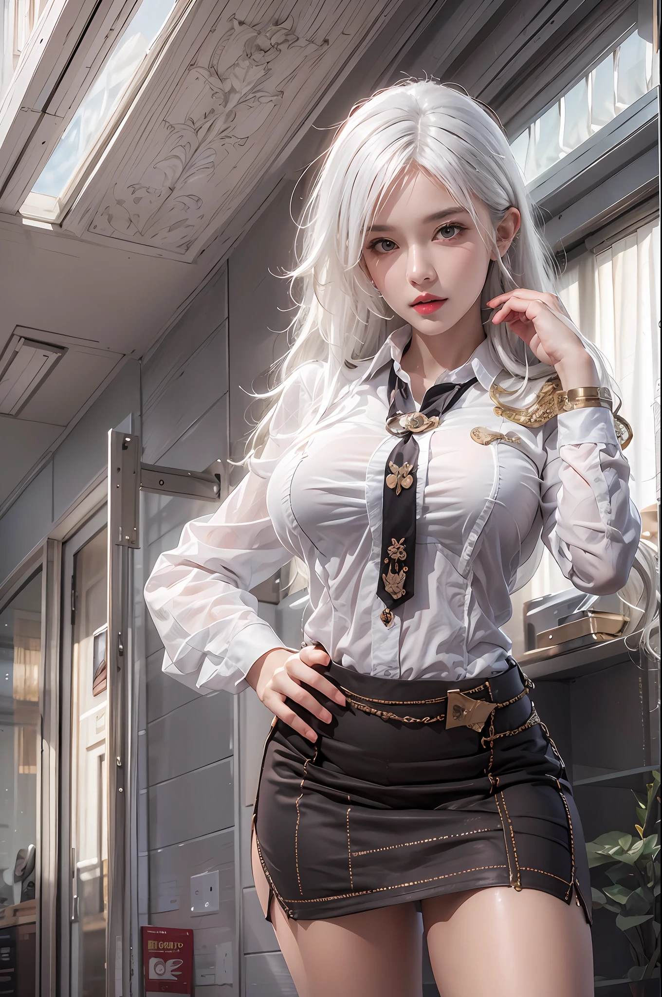 photorealistic, high resolution, soft lights, 1women, adult, solo, hips up, look at viewer, (detailed face), white hair, long hair, secretary uniform, skirt, jewelry