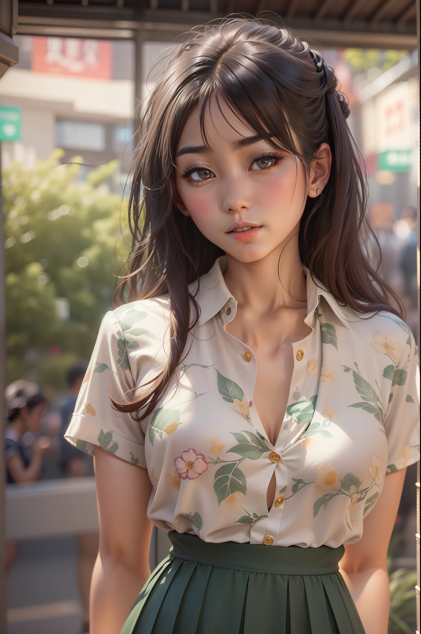 An adorable Japanese perfect body girl, wearing a simple, elegant outfit that evokes the elegance and sophistication of her culture. She's dressed in a simple, flowing suit, with a delicate, leaf-patterned blouse over a simple, high-waisted skirt. Her delicate, vibrant eyes reflect her refined, high-key attire. In the background, a bustling cityscape, showcasing the city's vibrant architectural landmarks and lively nightlife. standard lens, soft lighting, shallow depth of field