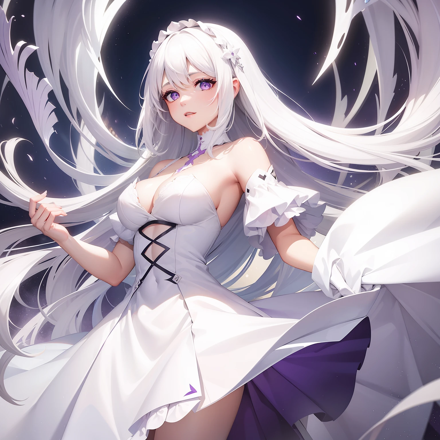 a women, white hair, purple eyes, white dress