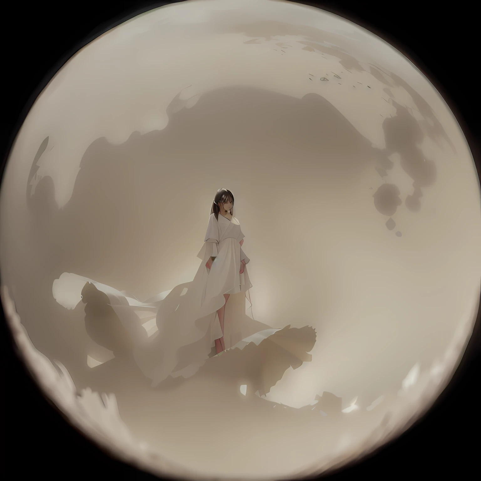 Image of Alphad standing in a white ball with a woman in a white dress, Look up to the right,a still of an ethereal, surrounded in clouds and light, in a cloud, ethereal and otherworldly, on cloud, inspired by Anna Füssli, Moon, sitting on a moon, Heaven, (fantasy), In the clouds, inspired by Maciej Kuciara