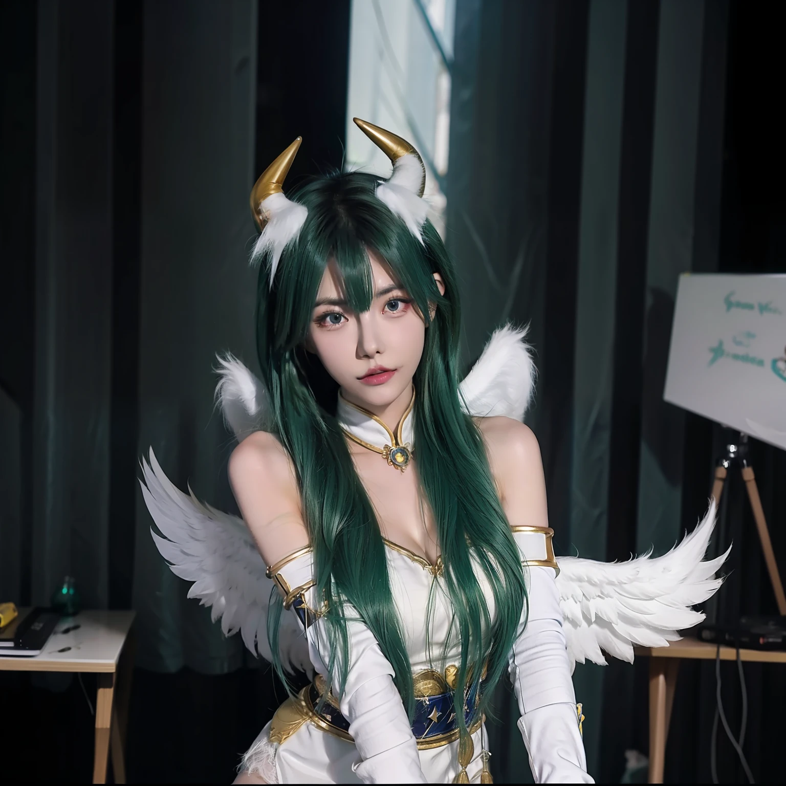 beach, soraka \(league of legends\), star guardian \(league of legends\), hands on hip, star guardian soraka, league of legends, highres, 1girl, alternate costume, alternate eye color, alternate hair color, alternate hairstyle, asymmetrical gloves, breasts, cowboy shot, gloves, green hair, horns, long hair, low wings, single horn, solo, thighhighs, uneven gloves, very long hair, white gloves, white thighhighs, white wings, wings