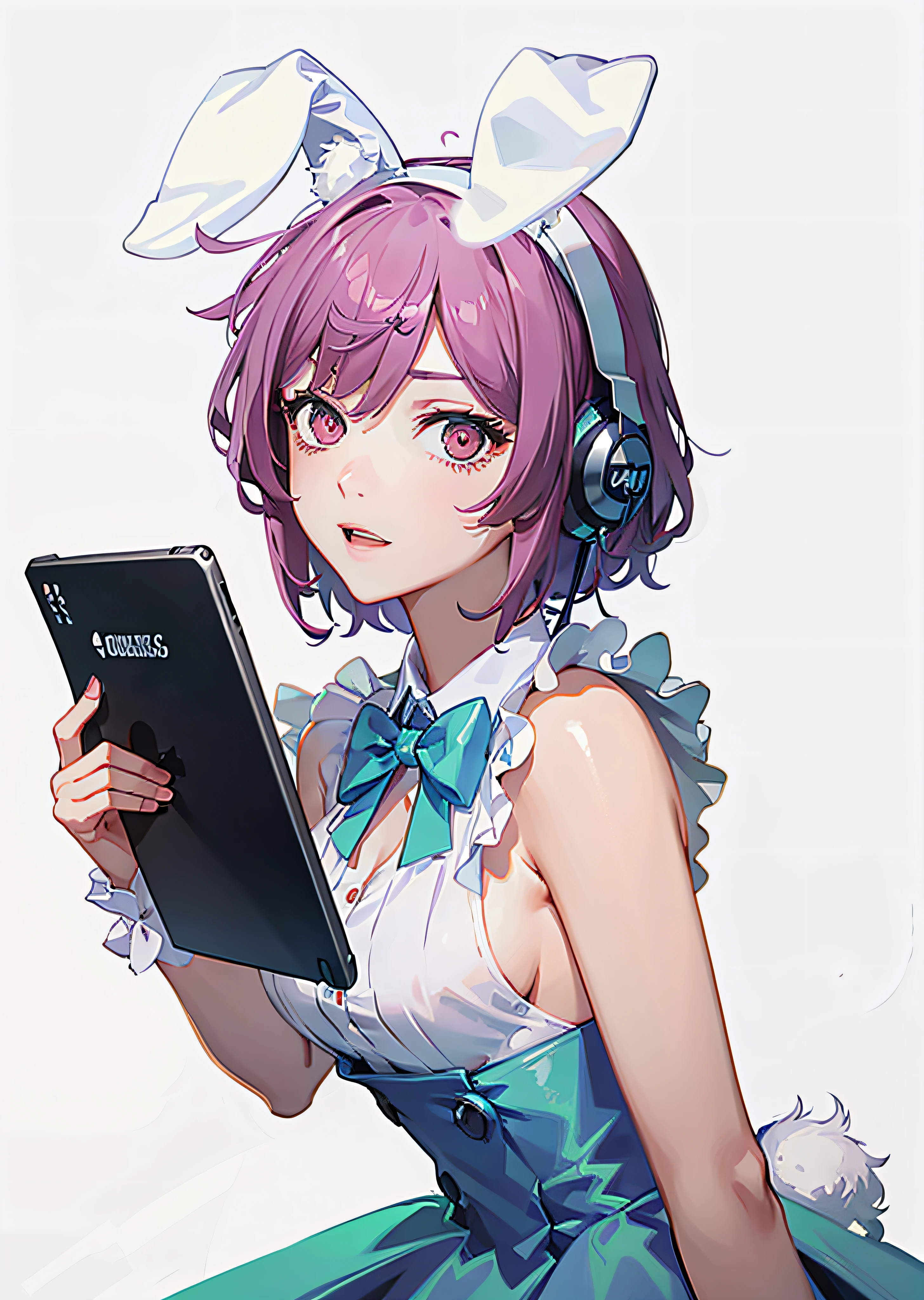 Girl with gaming headset，Holding a high-end tablet ，Delicate skirt，Very good figure，Rabbit ears，furry tail，