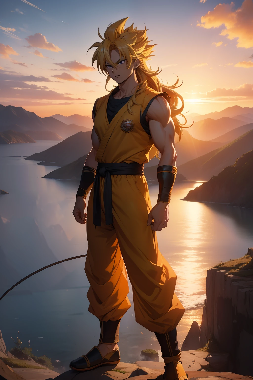 masterpiece, best quality, ultra-HD, photorealistic, cinematic, ultra-detailed, 8k resolution, Son Goku, 1 boy, super Saiyan 3, electric aura, blonde hair, super long hair, full body view, from head to toe visibility, sunset, mountain, sea