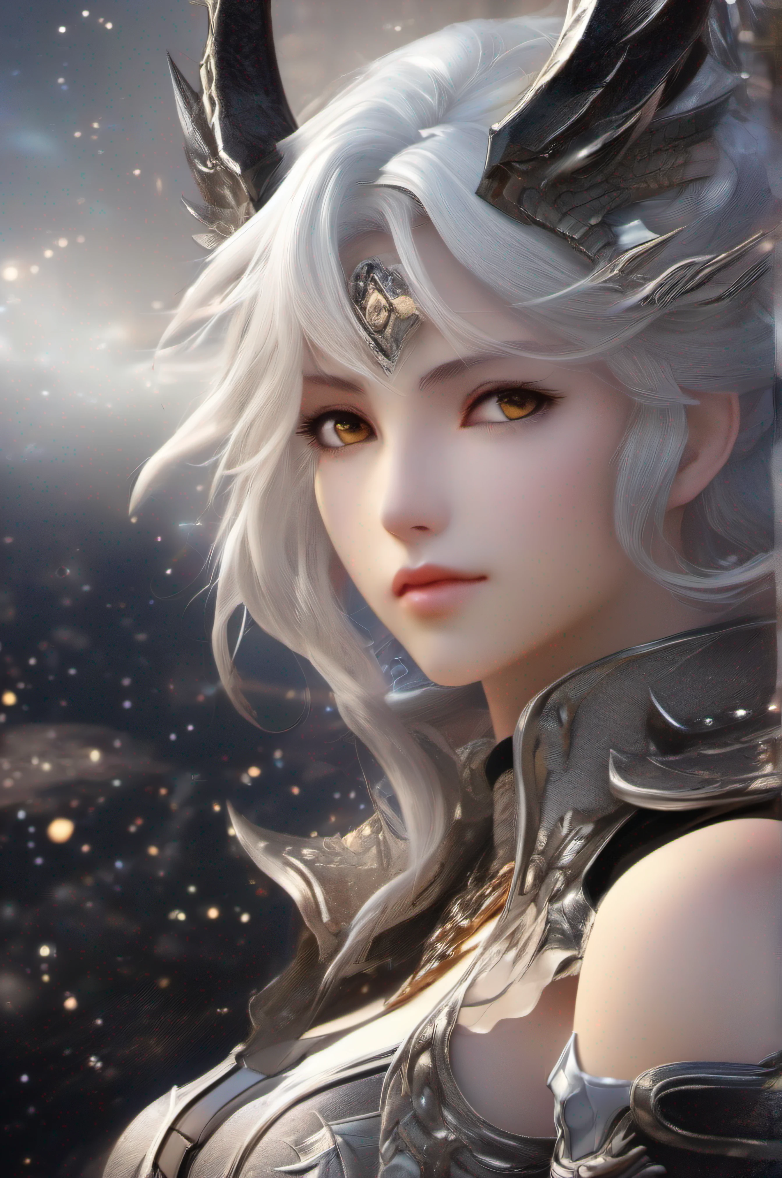 Battle Dragon Maiden,Black scales,Silver-gray armor,Dragon's horn,high and cold,whaite hair,Handsome,closeup cleavage,Sense of lens,32K,HighestQuali,Wallpapers,(Background with:Shining starry sky:1.8),dazzler