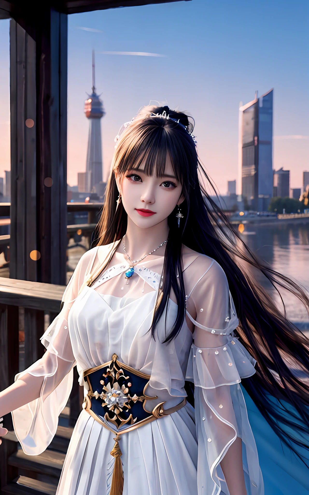 (realisticity: 1.2), best quality, masterpiece, highres, cg,
1girl, weapon, sword, long hair, dress, water, solo, jewelry, white dress, earrings, hair ornament, splashing, upper body super realistis, hair bun, black hair, city bacgraun realistis,
lighting,candid, Photograph, high resolution, 4k, 8k, Bokeh,