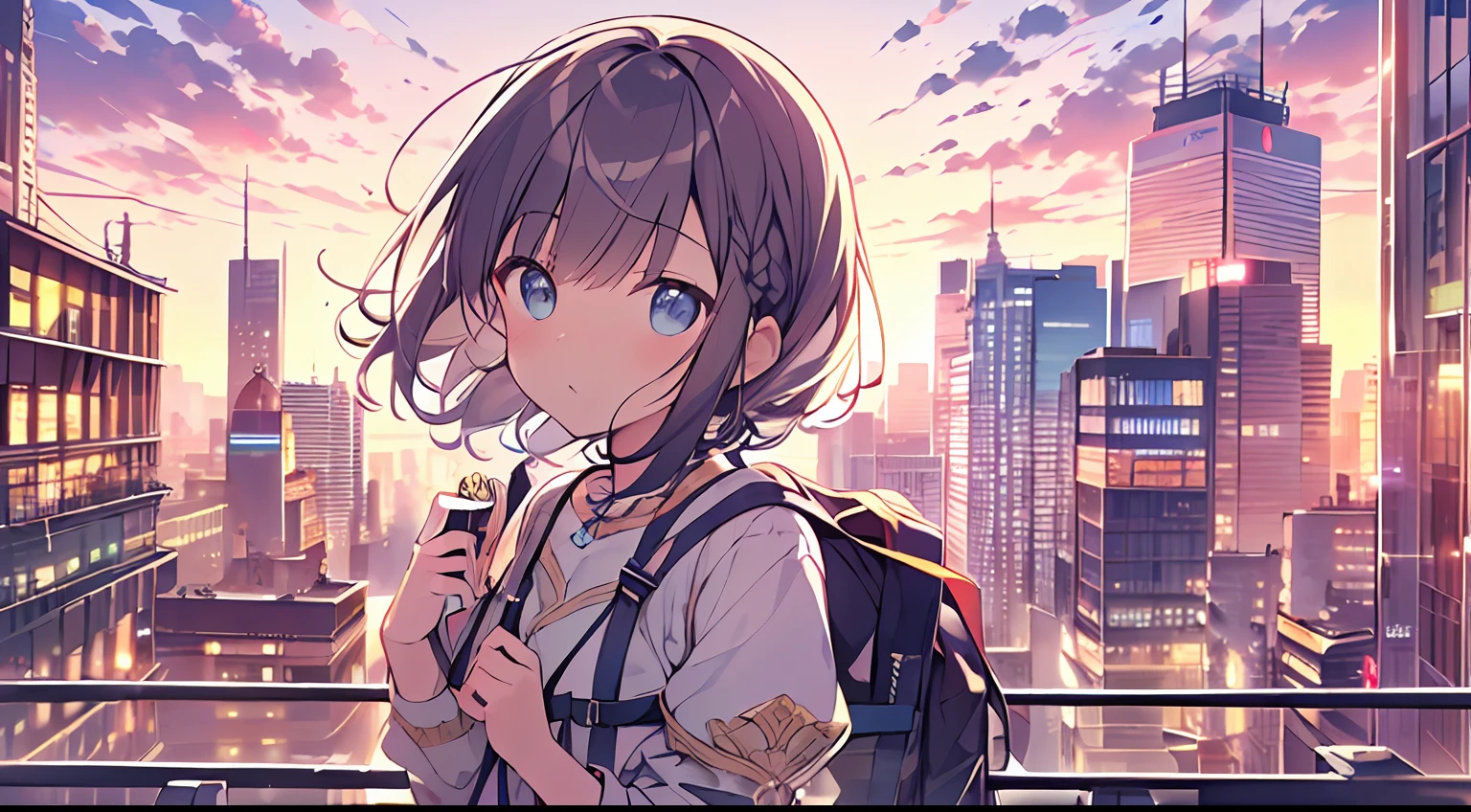 masutepiece, Best Quality,Illustration, Wallpaper, Ultra Detail, absurderes, 1loli, Solo, (Medium short hair、short braided hair), Beautiful detailed eyes , (Street), luminous sky,(a panoramic view:1.3),(Sense of depth:1.5),(longshot:1.3)