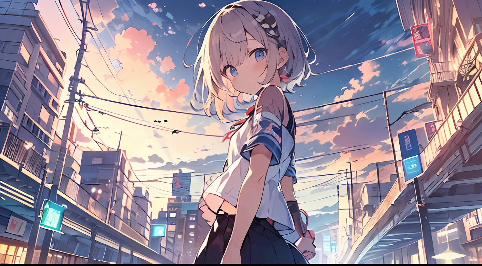 masutepiece, Best Quality,Illustration, Wallpaper, Ultra Detail, absurderes, 1loli, Solo, (Medium short hair、short braided hair), Beautiful detailed eyes , (Street), luminous sky,(a panoramic view:1.3),(Sense of depth:1.5),(longshot:1.3)