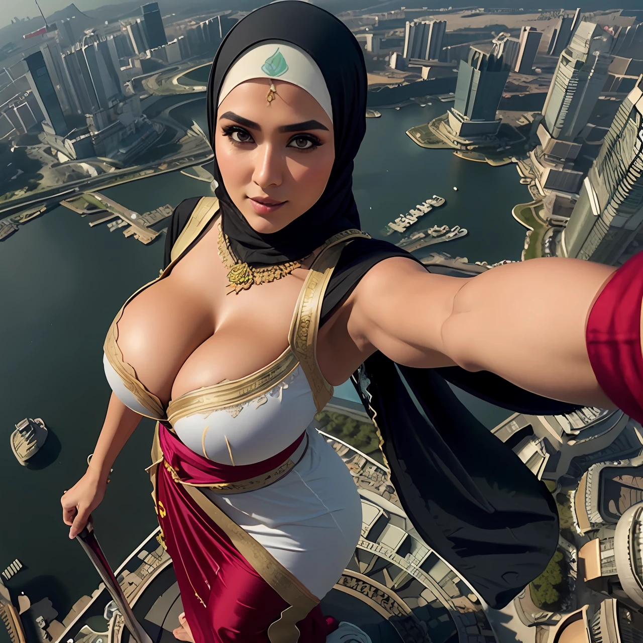 masutepiece, Best Quality, High resolution, 32K, (Night view:1.3), (hijab:1.1, Malaysian woman:1.5, Take a selfie at the top of the skyscraper:1.2, Realistic Petronas Twin Towers in the background:1.5), Holding up a selfie stick, (gigantic cleavage breasts:1.5), (Torn Malay traditional dress:1.5), (Full body shot:1.1), hyperdetailed face, Ultra-realistic skin texture,