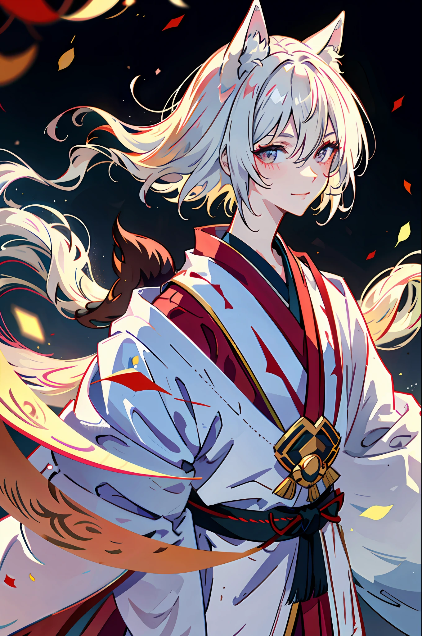(1 male,Fox Boy),(malefocus,shoun,fox ear:1.2),short detailed hair,silber hair,Purple-eyed,tmasterpiece,angle of view,absurderes,messy hair,adorable smile,winking,Be red in the face,pretty hand,simple backgound,Japanese clothes,komono,whaite hair,full face blush,white backgrounid,(tmasterpiece,best qualtiy)