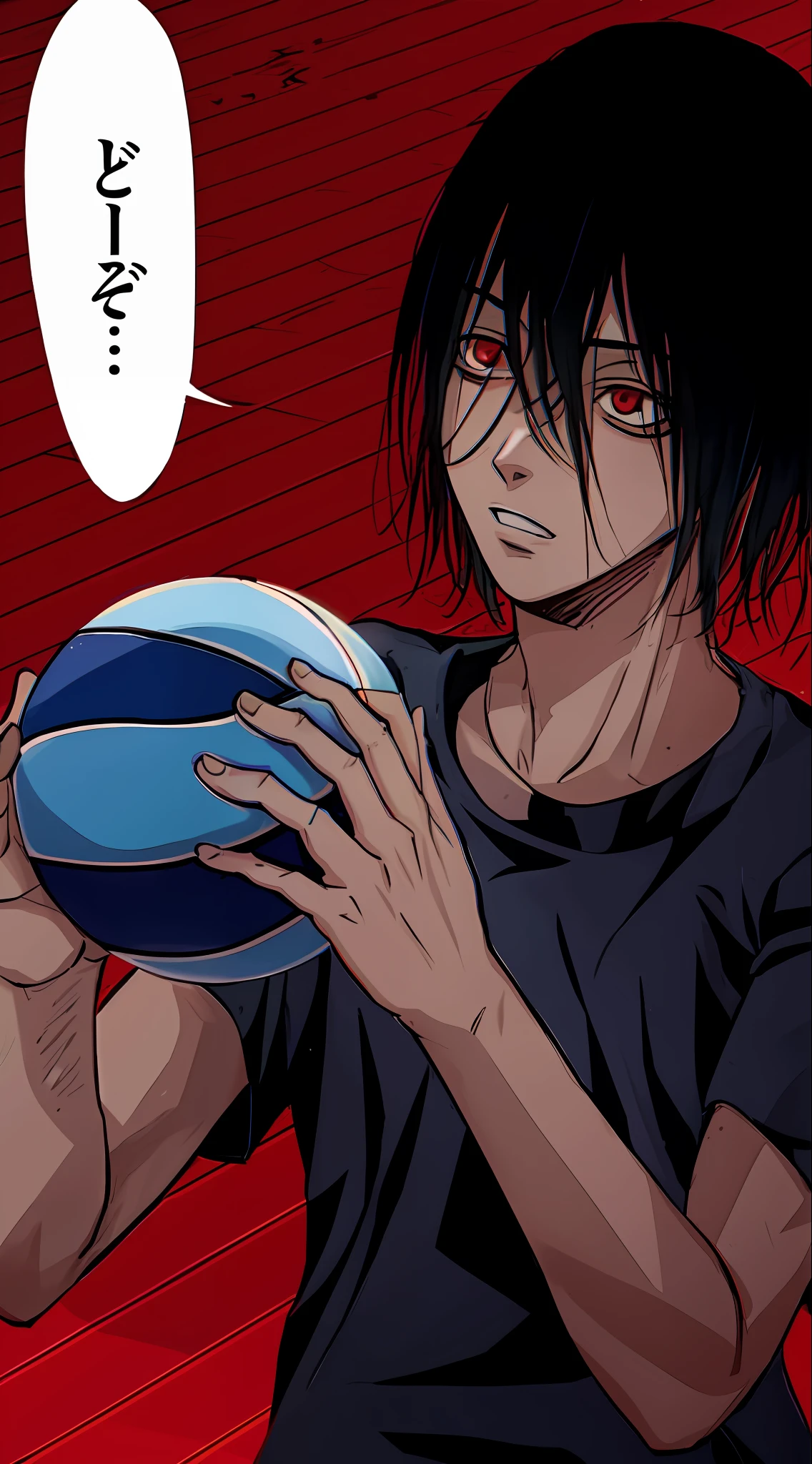 a anime of a boys manga, volleyball, red eyes, text manga, color manga, manga color, color manga, color manga panel, simple background