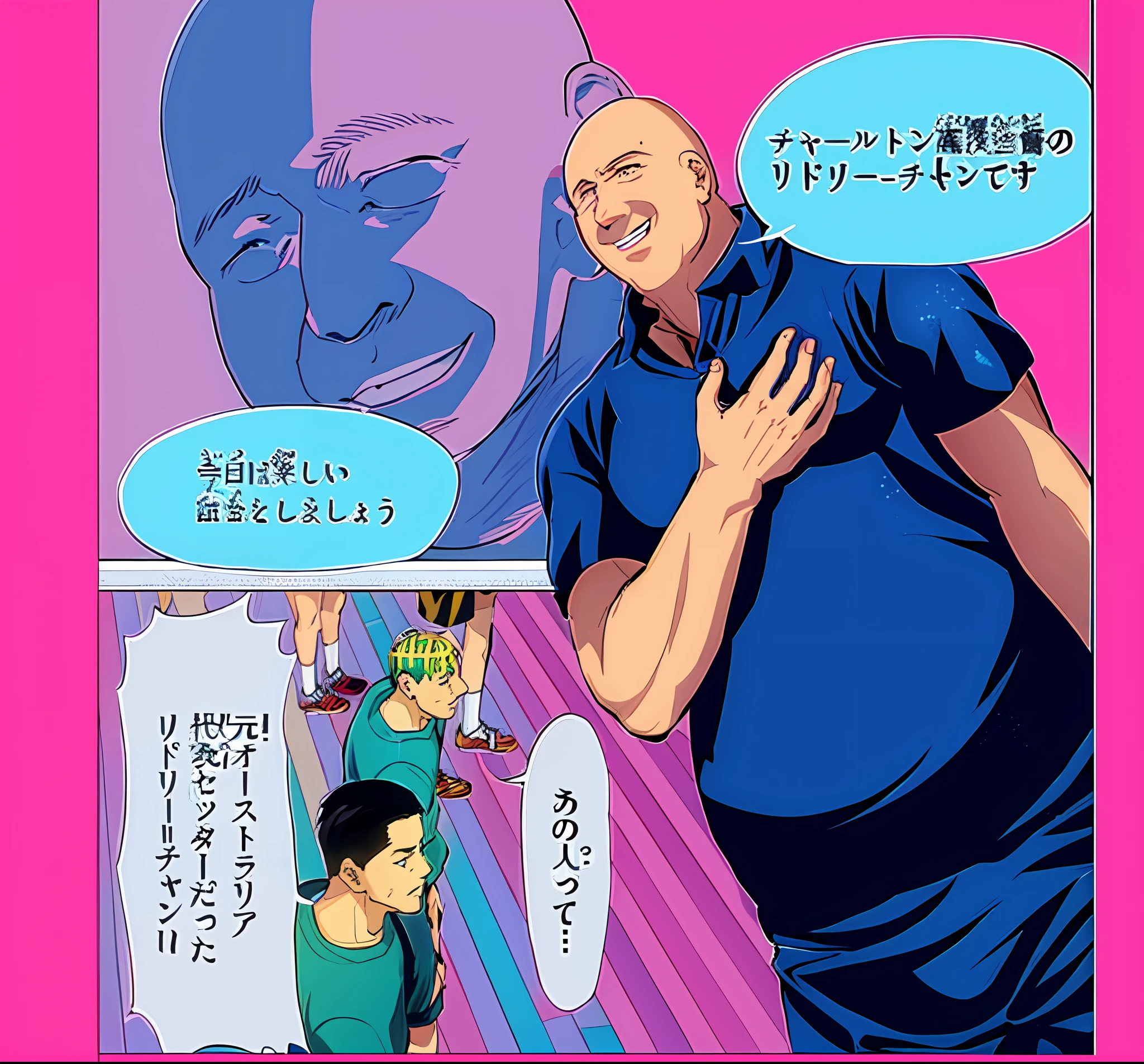 a anime of a boys manga, bald, text manga, color manga, manga color, color manga, color manga panel, simple background