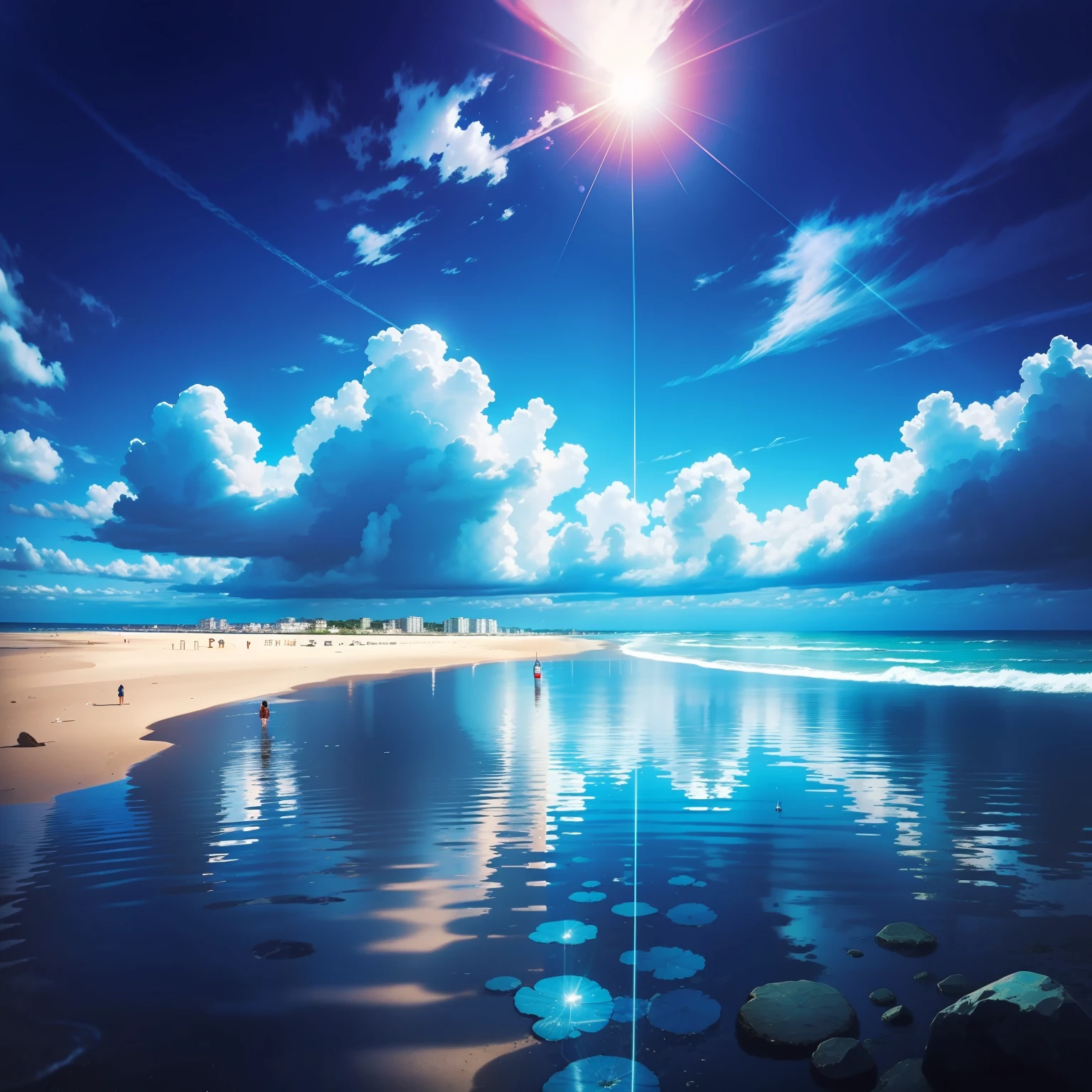 There are no people、Top image quality、Beach、Horizon、Deep blue sky in midsummer、Shiny blue、Large Entrance Clouds、Incoming clouds reflected on the surface of the water、Watching from the beach、The sunlight is shining brightly、dazzling