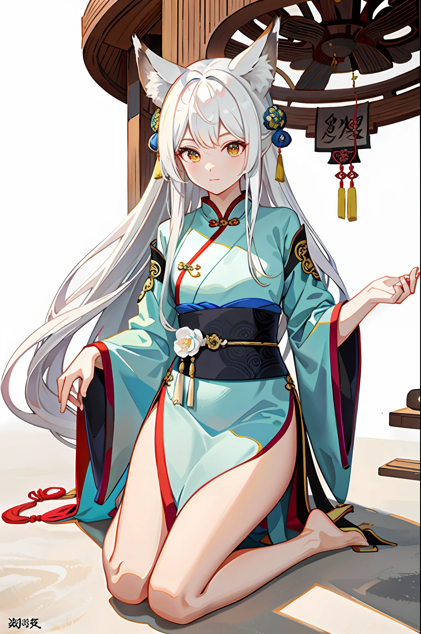 extreme picture quality,Traditional chinese painting, lotuses, Hanfu, 1 rapariga, whaite hair, long whitr hair, fox ear, white colors, 比基尼, Titillating