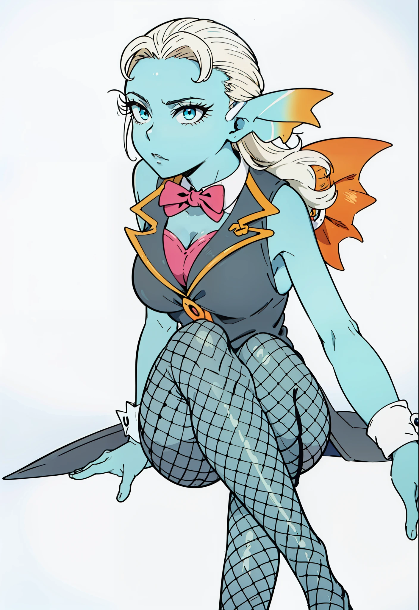 8K, High accuracy, Animated, married woman, Beautiful, a small face, Beautiful, Bright, Eye Highlights, Sexy, Erotic, beautiful line art.
light blue skin, Ears orange fin, Bunny Girl, Bunny suit,Black bunny suit、Fishnet stockings for legs、legs crossed、Keep your hairstyle、Do not change your hairstyle、