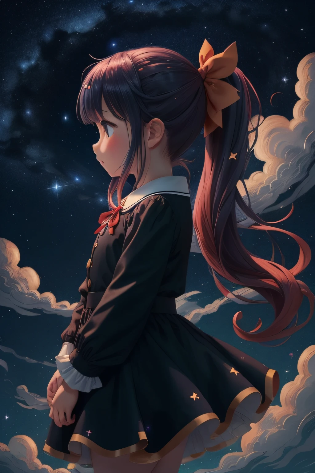 A witch ride bloom in the night sky, sky full of clouds and starts, starry night, goldfishs swim in the sky, goldfishs, swirl winds, winds, midnight, magical, 1girl, solo, long hairs, ponytail with red ribbon, mystery