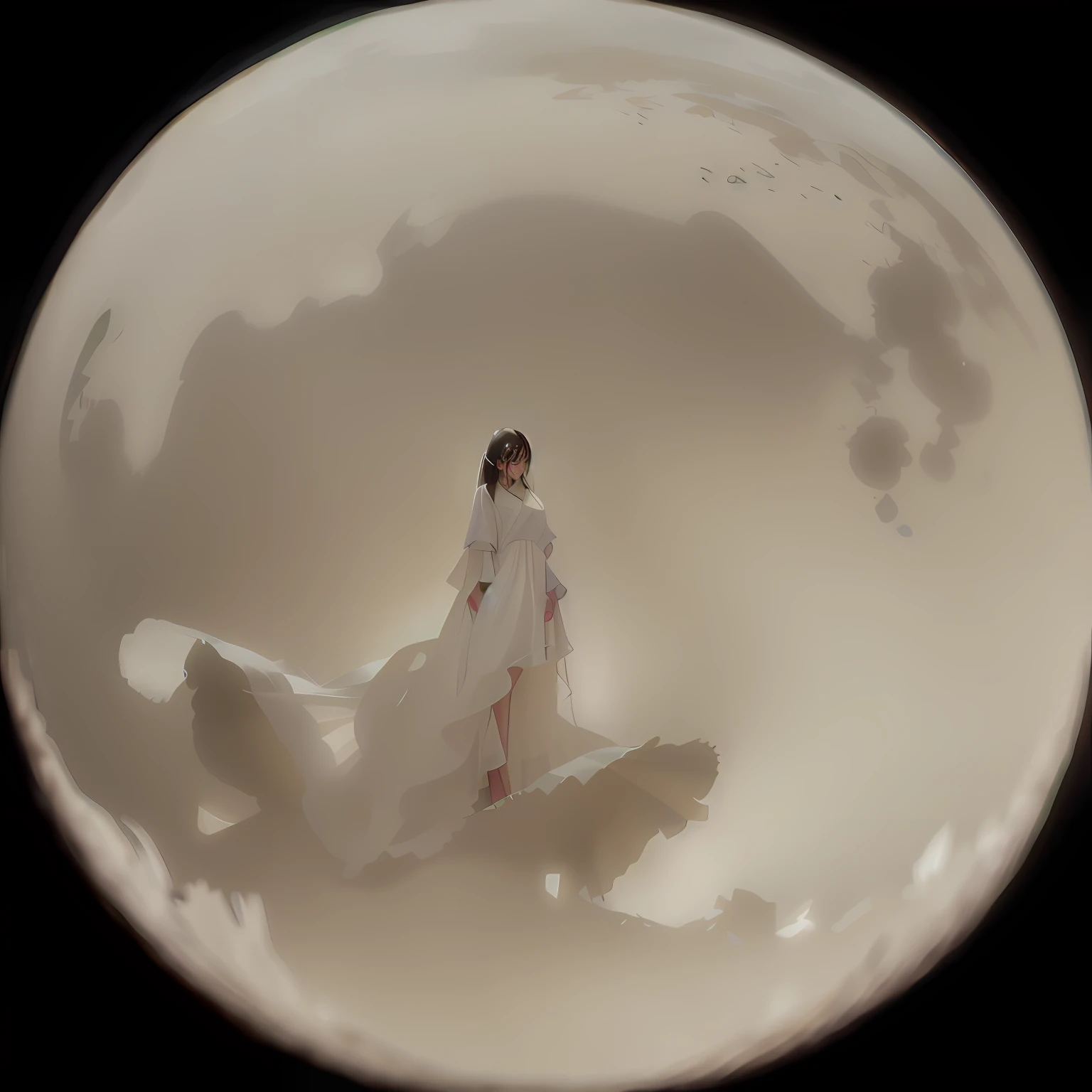 There was a woman in a white dress standing in a white ball, a still of an ethereal, in a cloud, surrounded in clouds and light, on cloud, still from a music video, (fantasy), 8 k film still, In the clouds, Moon, Heaven, Albedo, ethereal and otherworldly, inspired by Anna Füssli, from 8 k matte