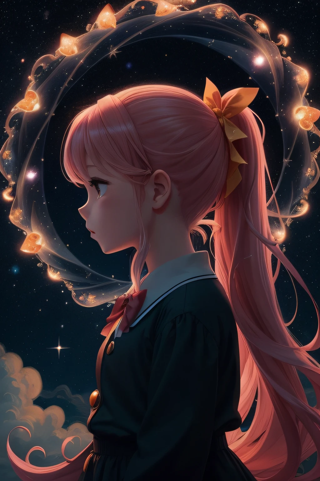 A witch ride bloom in the night sky, sky full of clouds and starts, starry night, goldfishs swim in the sky, goldfishs, swirl winds, winds, midnight, magical, 1girl, solo, long hairs, ponytail with red ribbon, mystery
