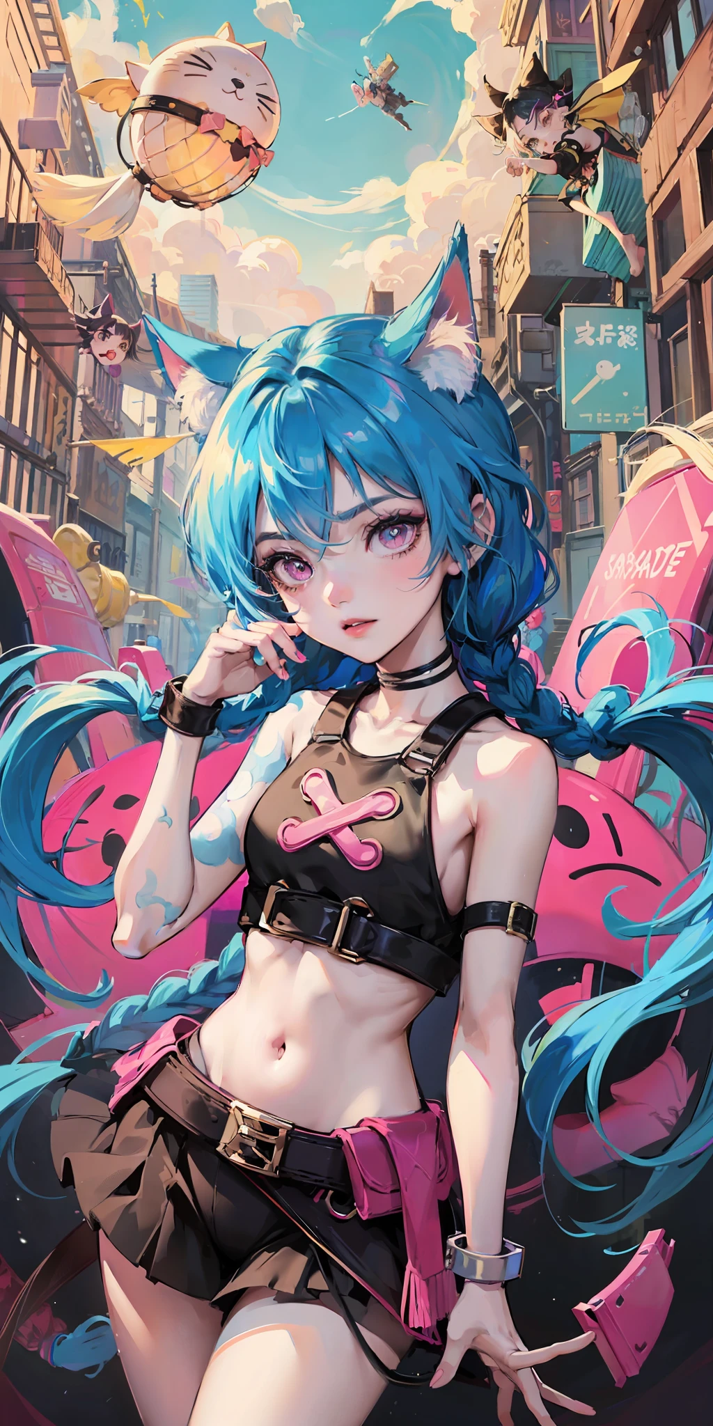 Jinx,A girl in a crop top and a pack of cats, lovely art style, lofi-girl, Loli, Anime style illustration, decora inspired illustrations, Praise Artstyle, lois van baarle and rossdraws, Splash art anime Loli, li girl, elokitty, cute anime catgirl, :14 flcl Akira