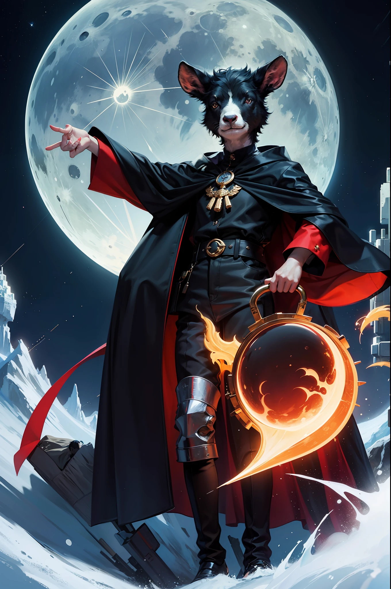 Black Goat-headed messenger boy, Night city, The moon glows red, Cute girl passing by, masterpiece, super detail, best quality