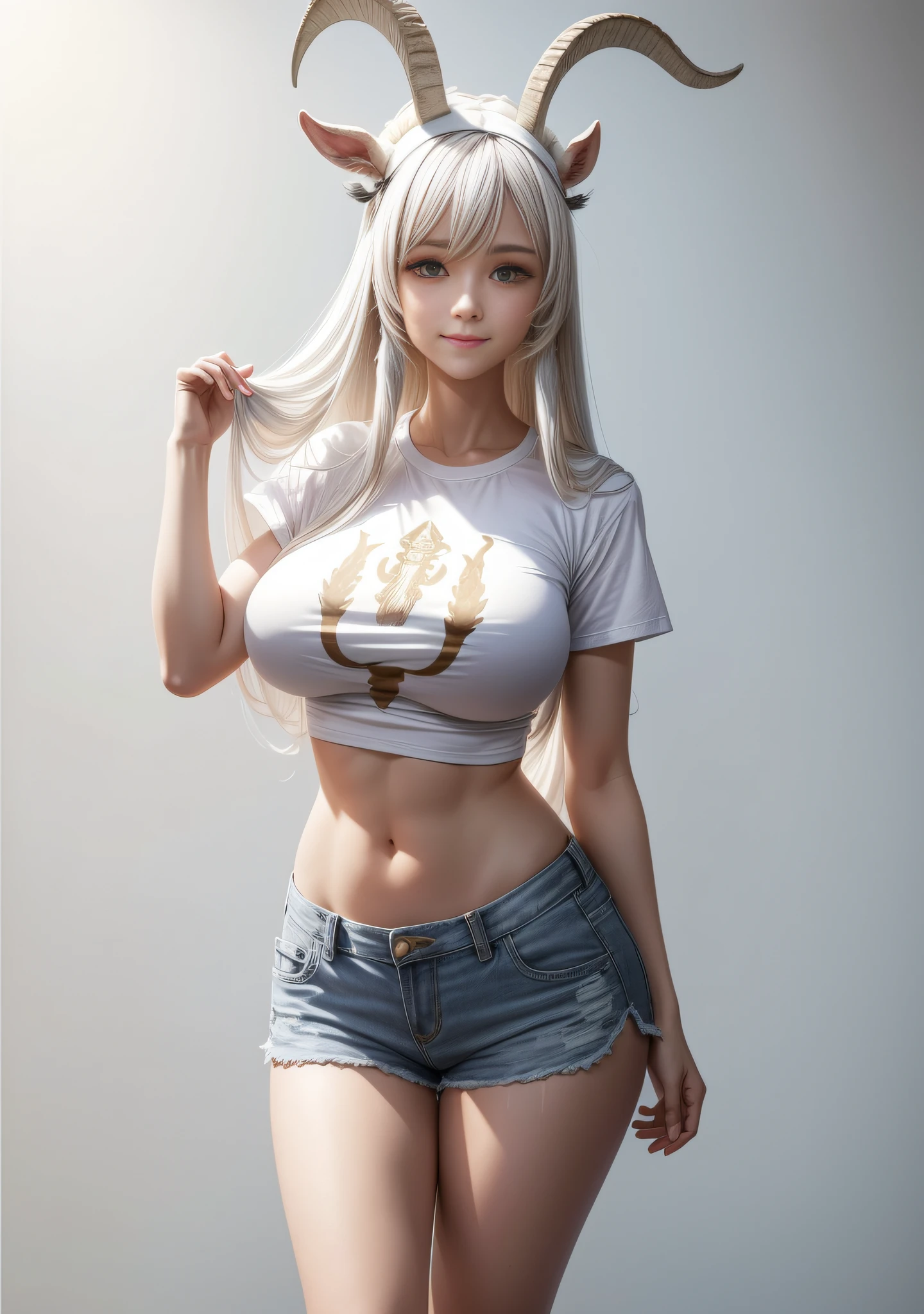 White gradient background,(in a panoramic view:1.2,full bodyesbian:1.2),1个Giant Breast Girl,There is a goat next to it,anatomy correct,(denim short,Long red loose T-shirt:1.6),(smallunderboob:1.4),Goat's horn headdress,long whitr hair,ssmile,(The clothes are printed with a goat motif:1.6),White shoes,perfectly proportions,extremelydetailedface,(Best quality at best,high detal,tmasterpiece,offcial art,movie light effect,4K)