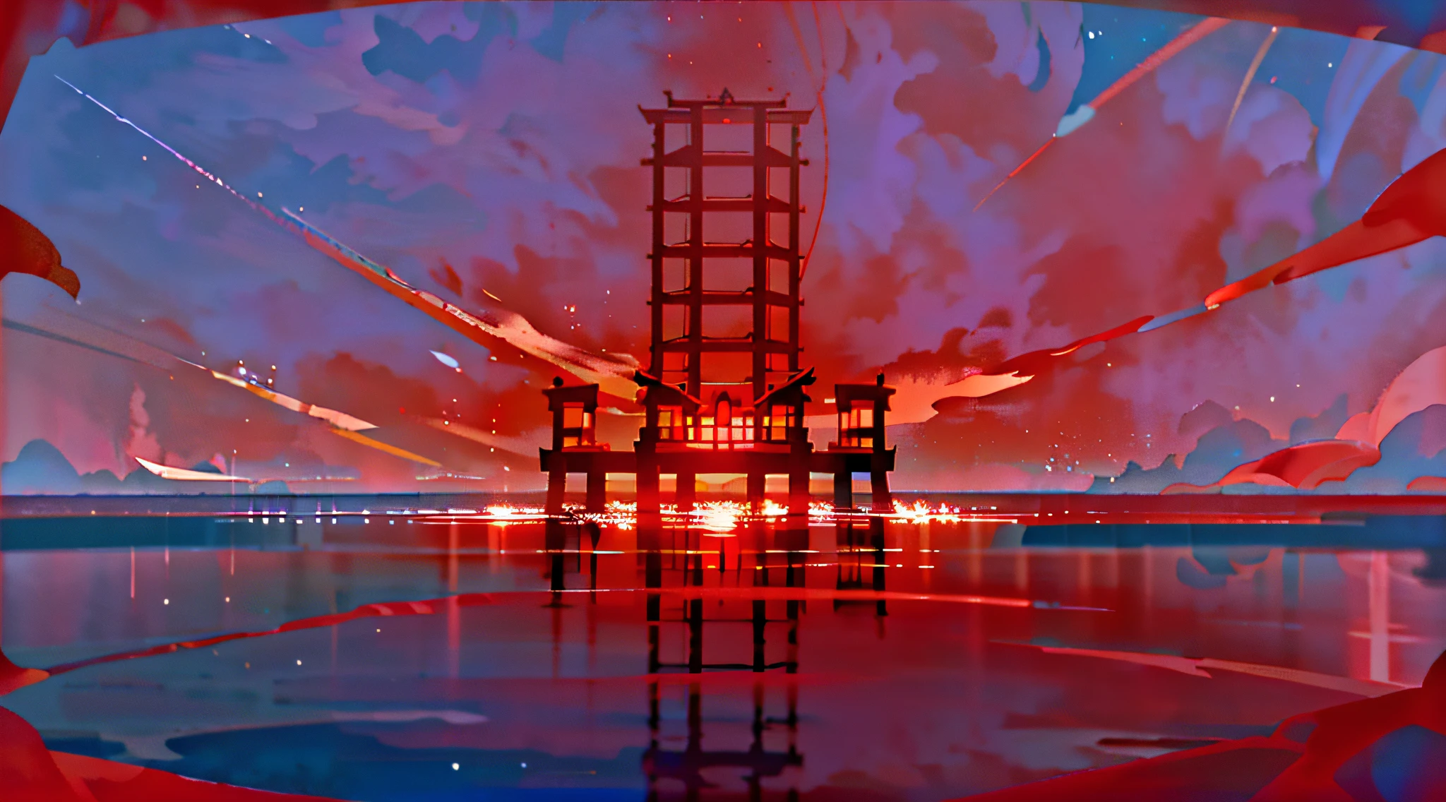 There is a red chair on the pier,sky with many clouds, red reflections, Red and blue reflections, perfect symmetrical image, looking out at a red ocean, Symmetrical, Pixel-perfect photos, screen space reflextions, next to the reflecting ocean, 3840 x 2160, 3840 x 2160, Reflection