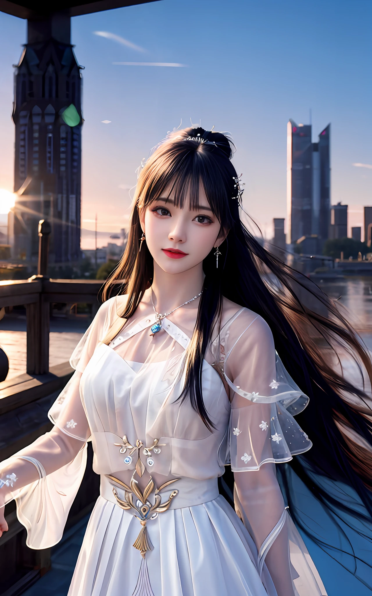 (realisticity: 1.2), best quality, masterpiece, highres, cg,
1girl, weapon, sword, long hair, dress, water, solo, jewelry, white dress, earrings, hair ornament, splashing, upper body super realistis, hair bun, black hair, city backgraun realistis,
lighting,candid, Photograph, high resolution, 4k, 8k, Bokeh,