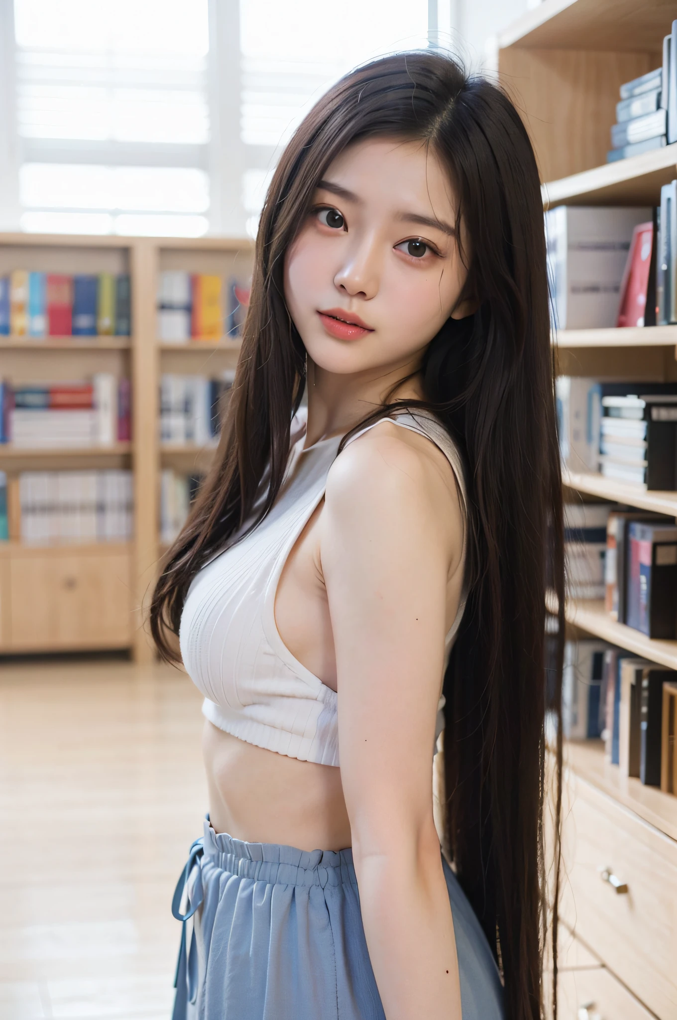 arafed asian woman with long black hair in a library, gorgeous chinese model, asian girl with long hair, beautiful asian girl, young asian girl, young and cute girl, gorgeous young korean woman, korean girl, chinese girl, asian girl, young cute wan asian face, xision wu, asian features, photo of slim girl model, full body xianxia