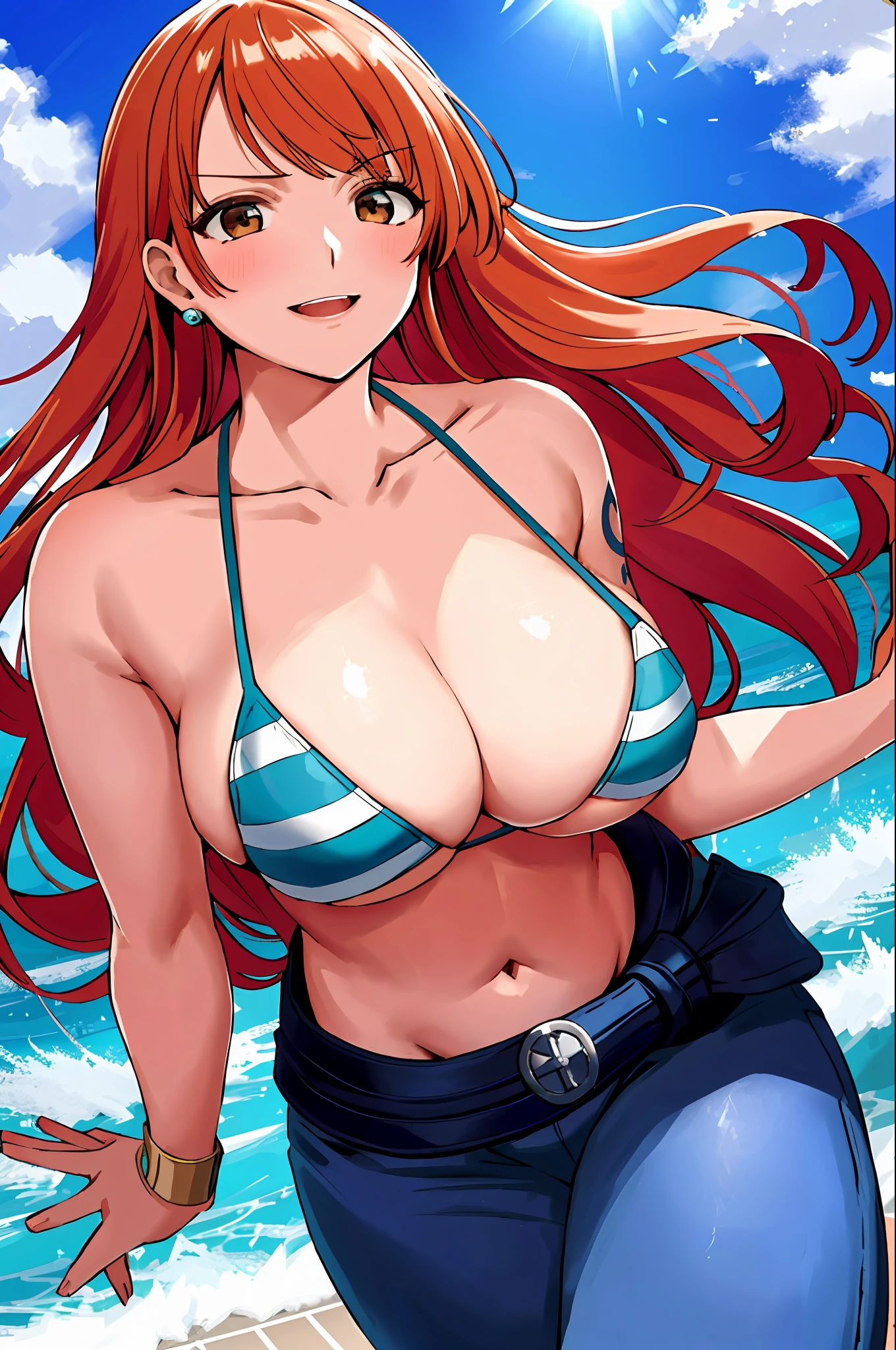 detailed background, masterpiece, 4k, epic, best quality, cheerful, late youth, adult, milf, athlete body, 1girl, active, energic, ((wide open mouth, folded legs, smile, lying on the ground, fully lying down, open eyes, hands spread sideway, jumping, ((medium breasts, plain bikini, blue bikini top, long leather pants, shirt tied around waist, pants)))) , solo, nami \(one piece\), 1girl, (very missy hair, tired, open mouth, feeling hot, tilting head, both hands spreadeagled, serious, hurt, glaring, open eyes, looking up, perfect detailed face, detailed round face) bold drawing lines, muscular arms, detailed bold body lines, flat jaw, adult woman, (wavy wide streaked bangs, floating bang, long left bangs ) (big cheeks), bare shoulders, off-shoulders, belt, bikini, bikini top only, blue sky, bracelet, springy breasts, breast lines, big round eyes, very big brown shiny eyes, bubbles, high eye position, cleavage, cloud, day, denim, earrings, floating hair, wavy hair, shiny hair, blue bikini top, bold groin lines, long hair, looking at viewer, long navel, wet hair, orange hair, , shoulder tattoo, sky, solo, stomach, tattoo, detailed left arm, big forehead, hourglass figure, small head, toned body, wide hair, wind effect, sun effect, under the sun, narrow small ears angle, older, straight shot, water splashes