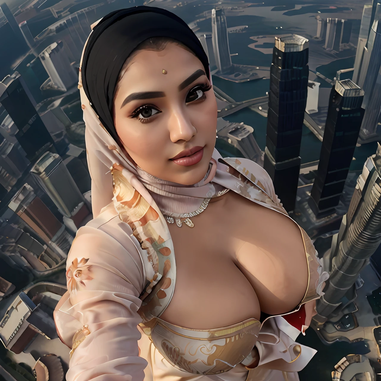 masutepiece, Best Quality, High resolution, 32K, (Night view:1.3), (hijab:1.1, Malaysian woman:1.5, Take a selfie at the top of the skyscraper:1.2, Realistic Petronas Twin Towers in the background:1.5), Holding up a selfie stick, (gigantic cleavage breasts:1.5), (Torn Malay traditional dress:1.5), (Full body shot:1.1), hyperdetailed face, Ultra-realistic skin texture,