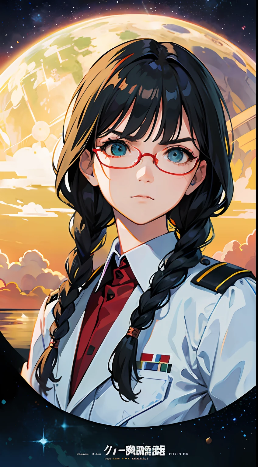 Movie Poster,((Braid Hairstyle : 1.5)),Anime Reference 86 ,Science Fiction,Sci-Fi,Movies,War Action Movies,Space,Atmosphere,Sky,Battleship,Multiple Characters,Women,Adults,Green Eyes,Black Hair,(Pia bangs hairstyle) : 1.8 ),(Red Glasses),General Uniform,White Commander Uniform,Serious Face Frowning,Realistic Face Detail,Realism,3D Face,