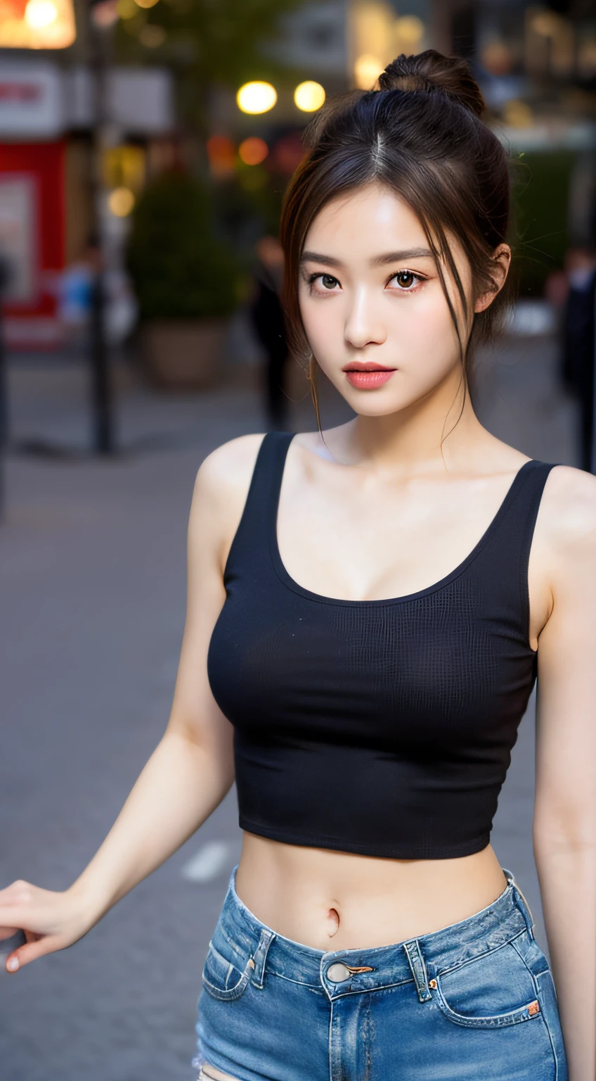 (Realistic lighting, Best quality, 8K, Masterpiece:1.3)), Clear focus: 1.2, 1girl, Perfect Beauty: 1.4, Slim Abs: 1.1, ((dark brown hair)), (Black crop top: 1.4), (Outdoor, Night: 1.1), Chinese city streets, Super fine face, fine eyes, double eyelids, denim shorts, big breasts,