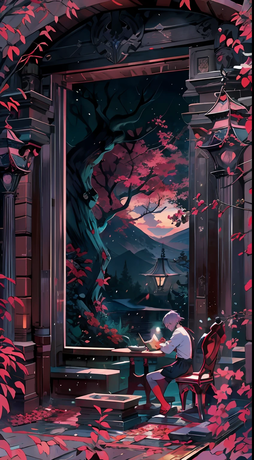 Western fantasy background，deep in the night，A ager sits like a sculpture，Flipped through it motionlessly《Pastoral secrets》。Two weird purple-red tears，From the corner of Aivas's eye, Who sits at the table，It was as if he had lost his soul, He kept slipping、Tick down on the page。
