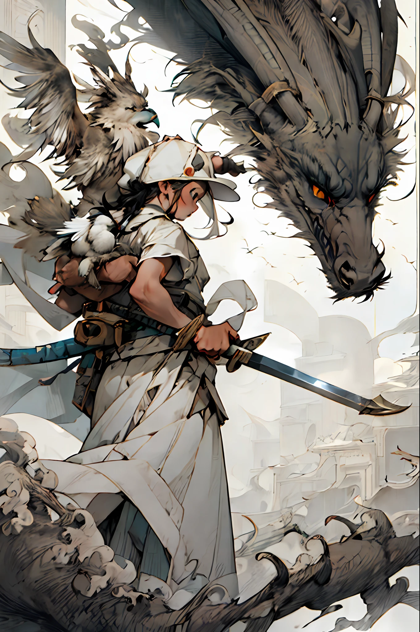 girl, letterboxed, holding, outdoors, bird, standing, cloud, 1boy, weapon, from behind, sky, cloudy sky, animal, holding weapon, eastern dragon, monster, 1other, hat, fog,
